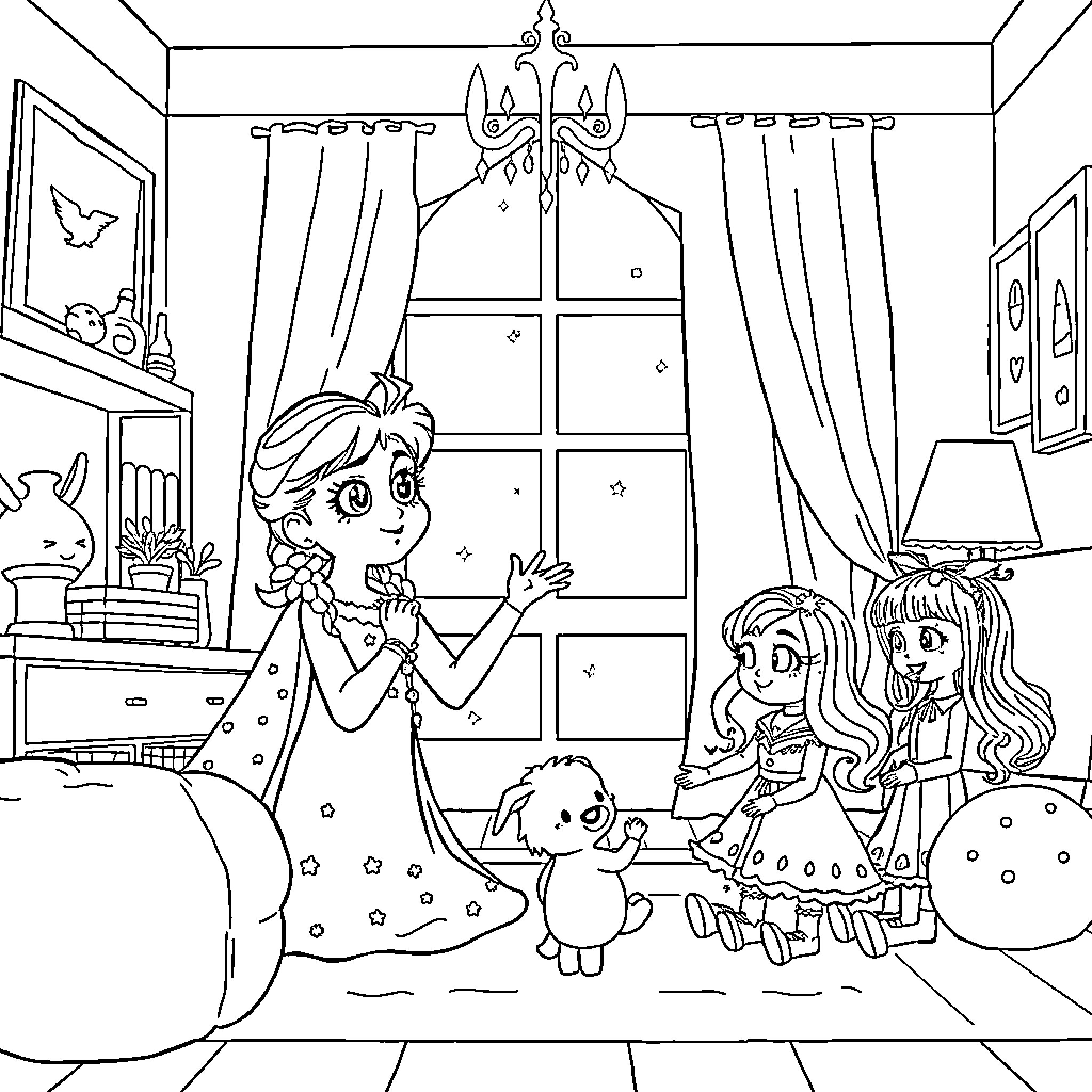 Eliza's Magical Bedroom Adventure Coloring Page (free black-and-white line drawing printable PDF for all, from beginners to advanced learners, including children, teens, adults, and seniors)