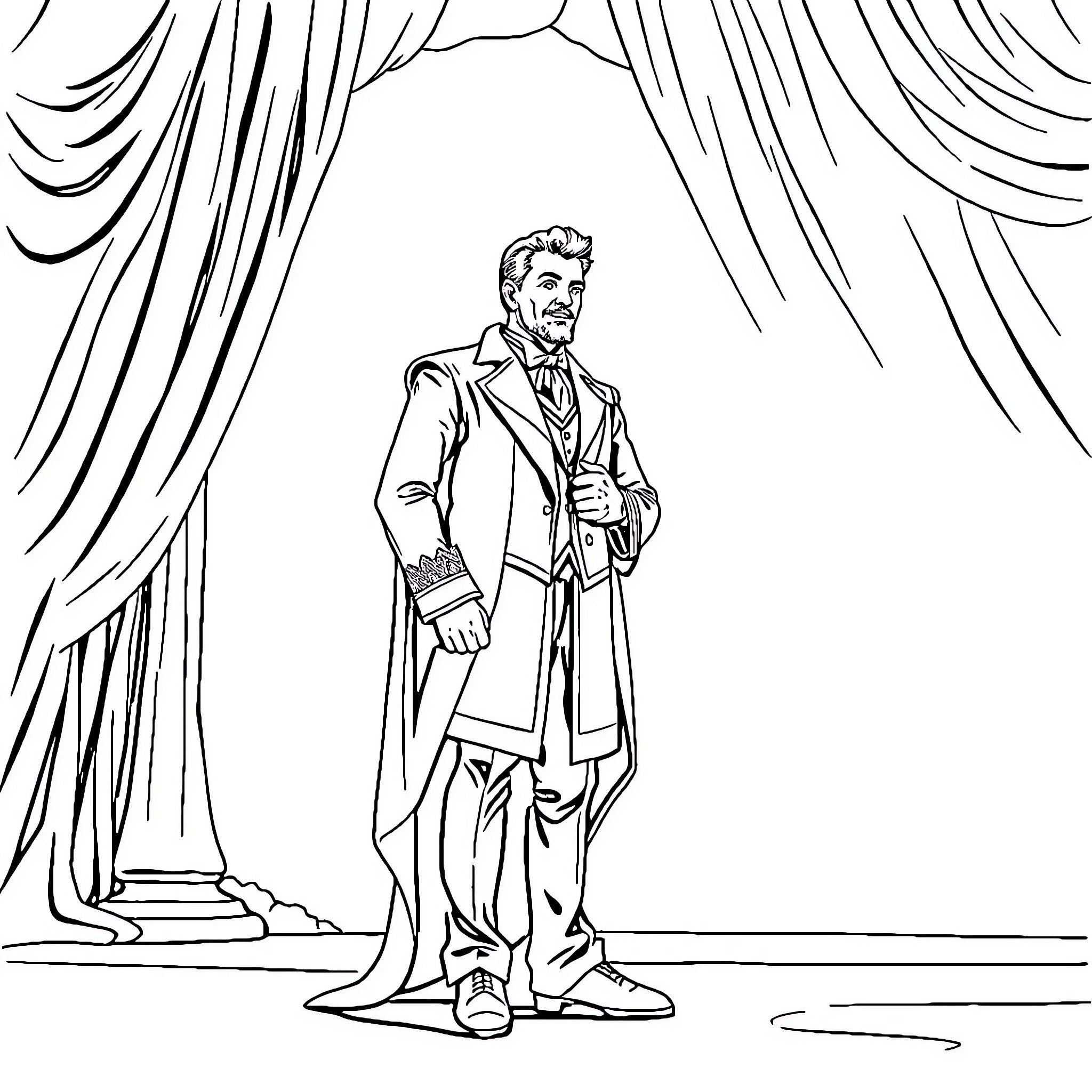 Alger's Dramatic Stage Presence Coloring Page (free black-and-white line drawing printable PDF for all, from beginners to advanced learners, including children, teens, adults, and seniors)