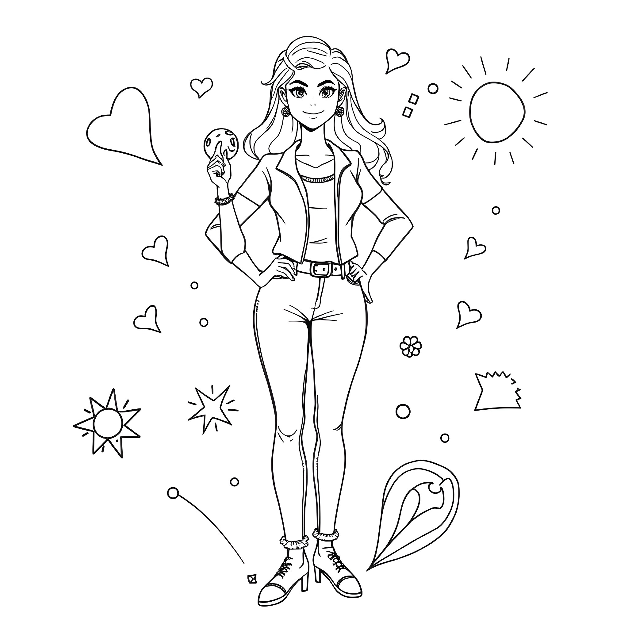 Woman posing confidently in stylish outfit Coloring Page (free black-and-white line drawing printable PDF for all, from beginners to advanced learners, including children, teens, adults, and seniors)