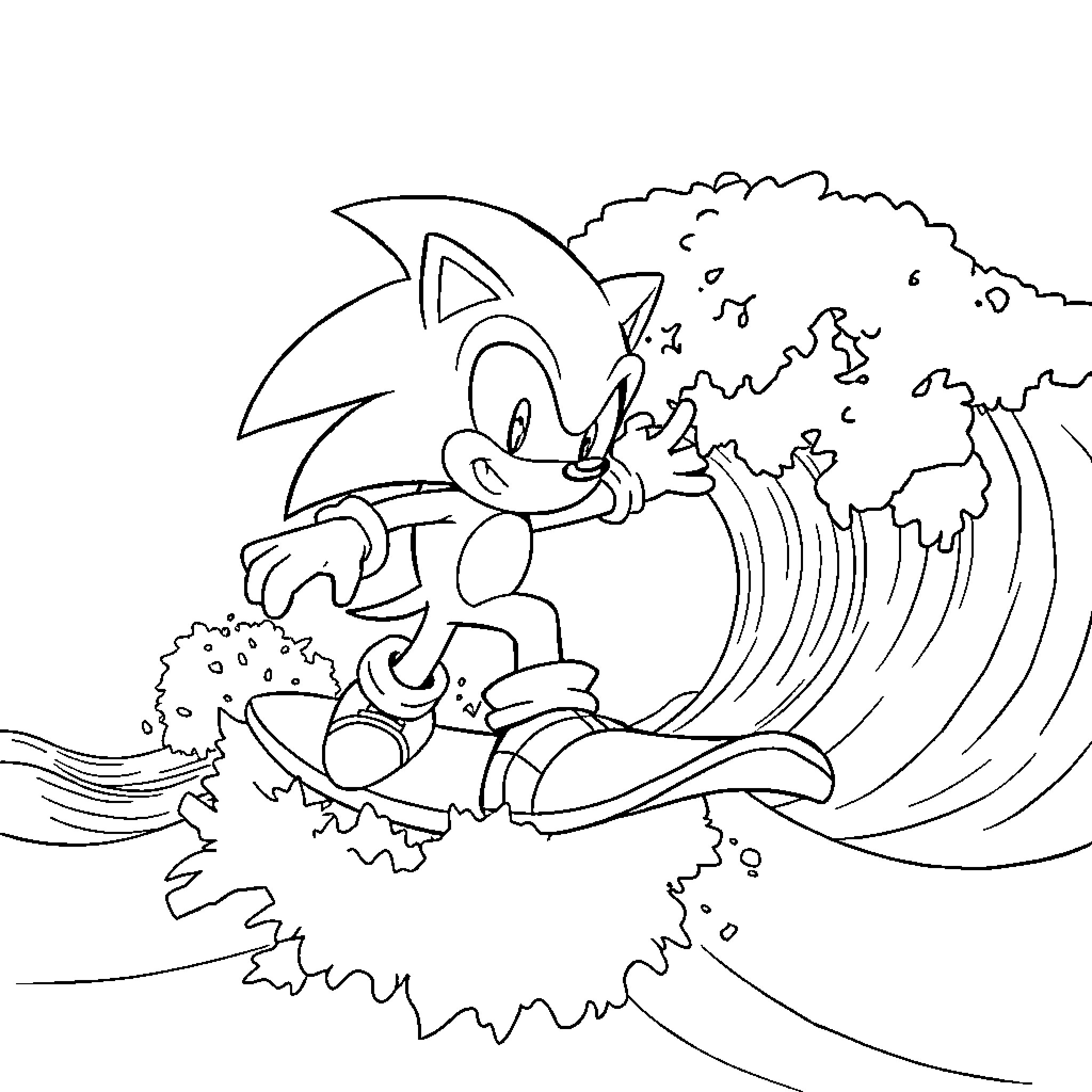 Sonic Surfing on a Massive Wave Coloring Page (free black-and-white line drawing printable PDF for all, from beginners to advanced learners, including children, teens, adults, and seniors)