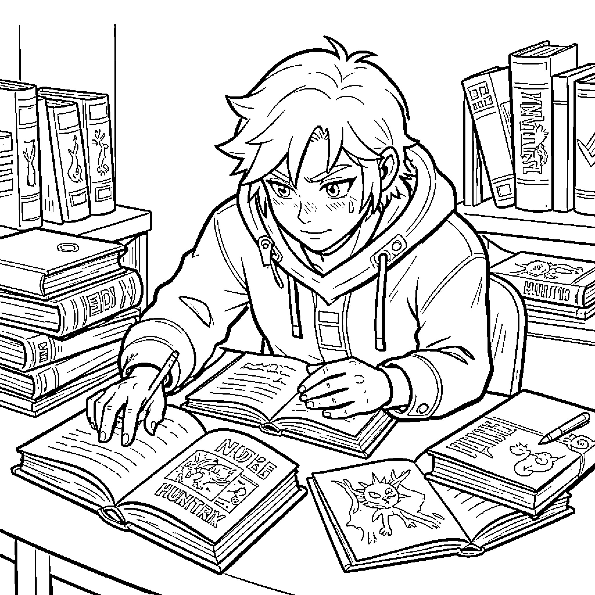 Huntrix Studying Intently in the Library Coloring Page (free black-and-white line drawing printable PDF for all, from beginners to advanced learners, including children, teens, adults, and seniors)
