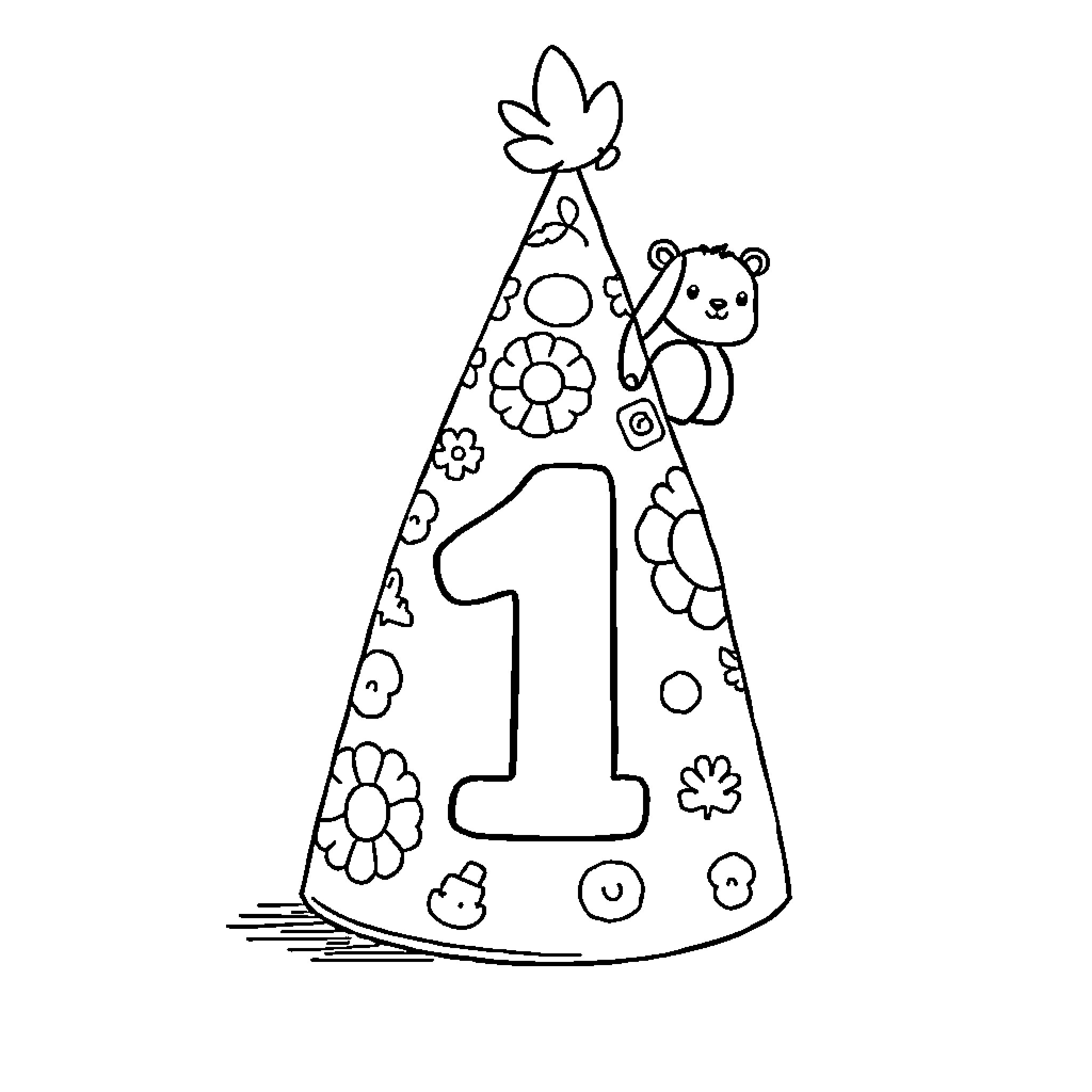 Hat with flower, bear, and number one Coloring Page (free black-and-white line drawing printable PDF for all, from beginners to advanced learners, including children, teens, adults, and seniors)