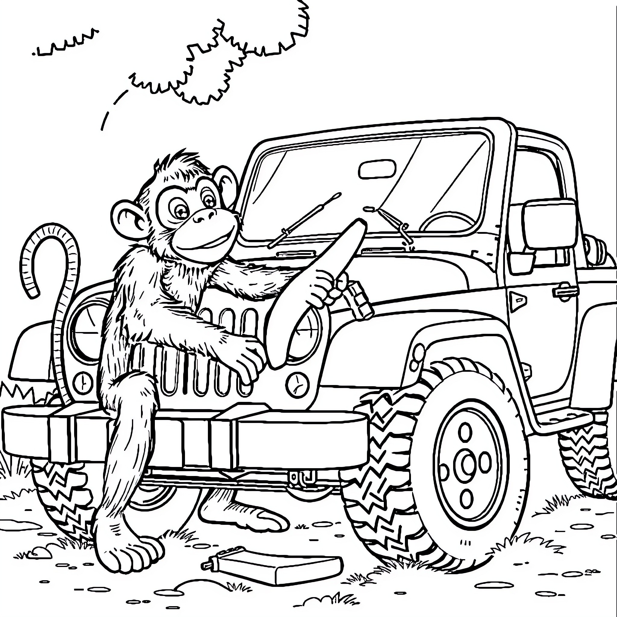 Monkey riding an off-road vehicle in the wilderness Coloring Page (free black-and-white line drawing printable PDF for all, from beginners to advanced learners, including children, teens, adults, and seniors)
