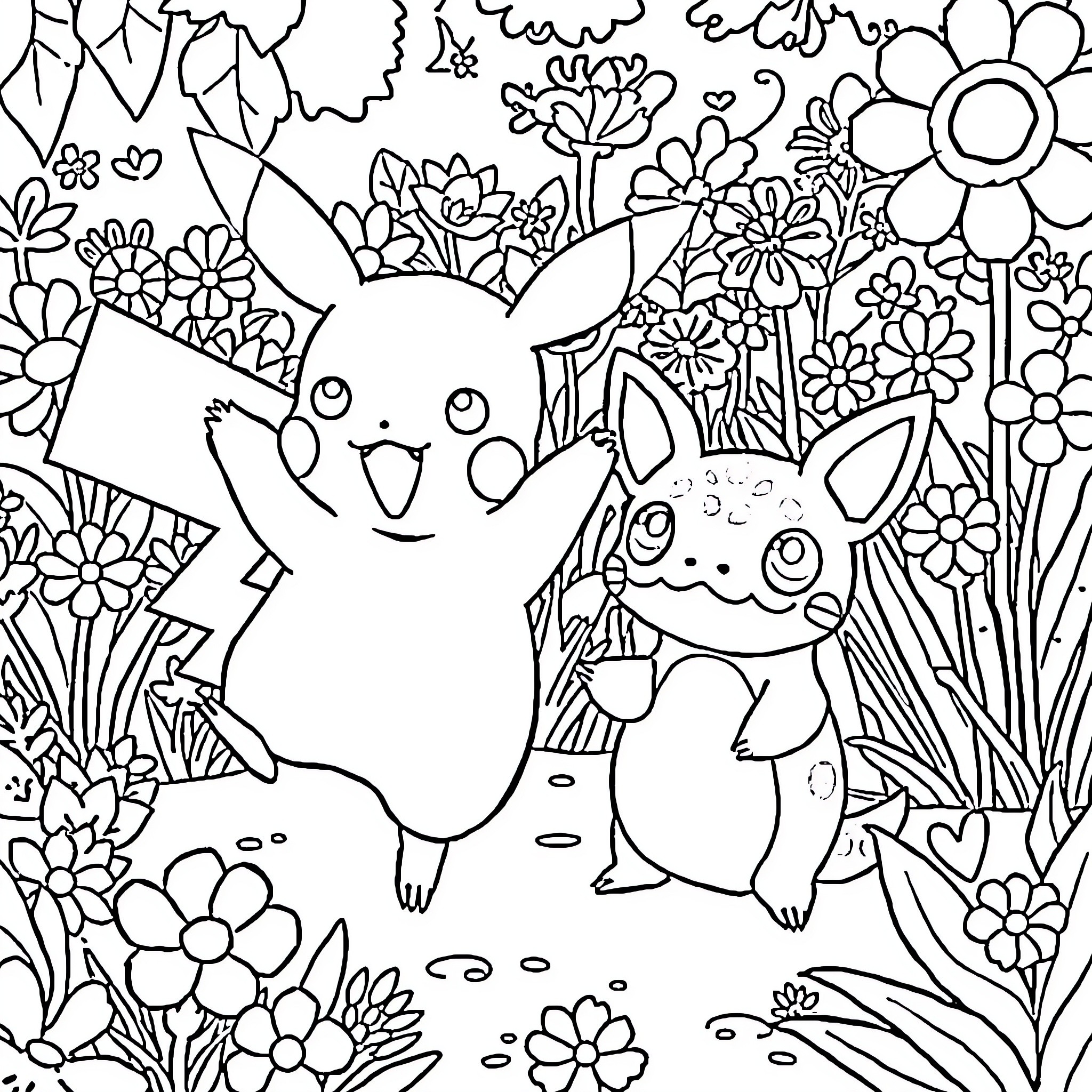 Pikachu and Eevee playing in a floral garden Coloring Page (free black-and-white line drawing printable PDF for all, from beginners to advanced learners, including children, teens, adults, and seniors)