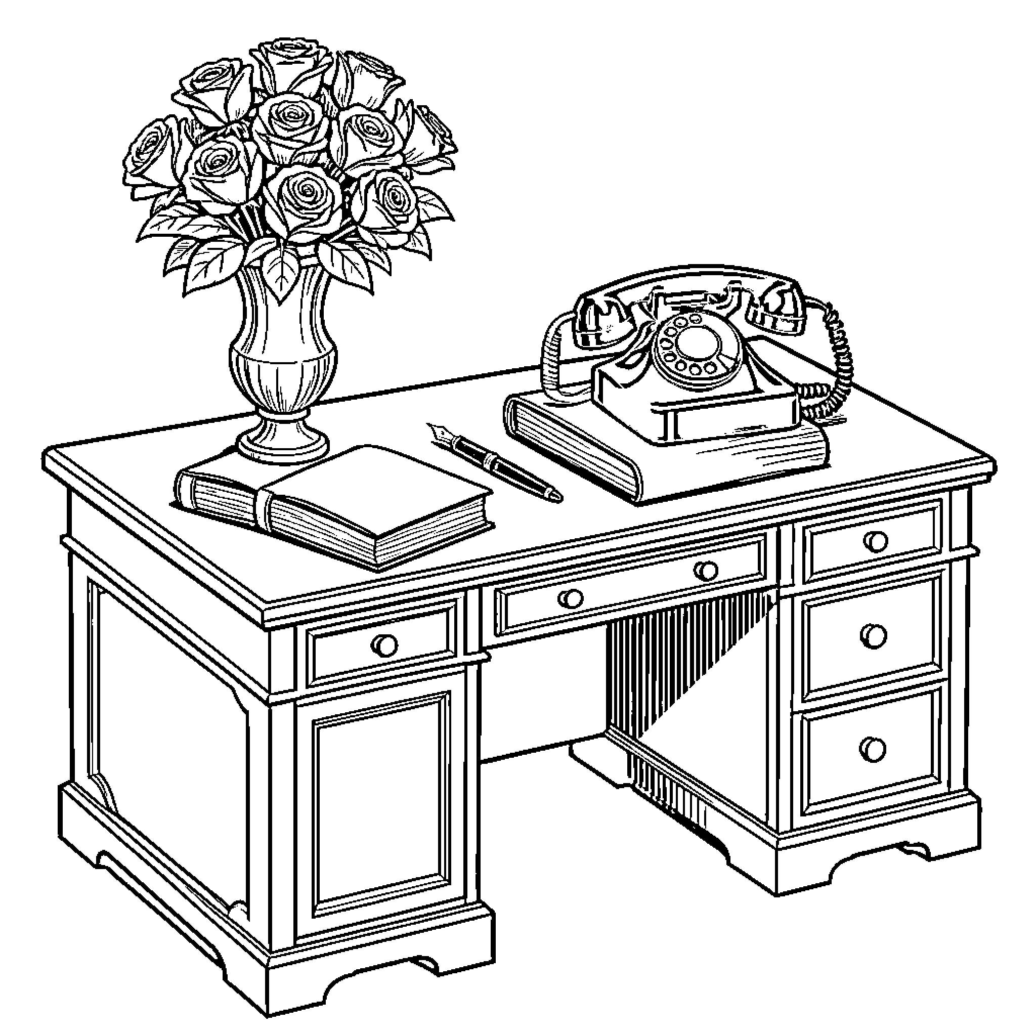 Desk with Vintage Telephone and Flower Vase Coloring Page (free black-and-white line drawing printable PDF for all, from beginners to advanced learners, including children, teens, adults, and seniors)