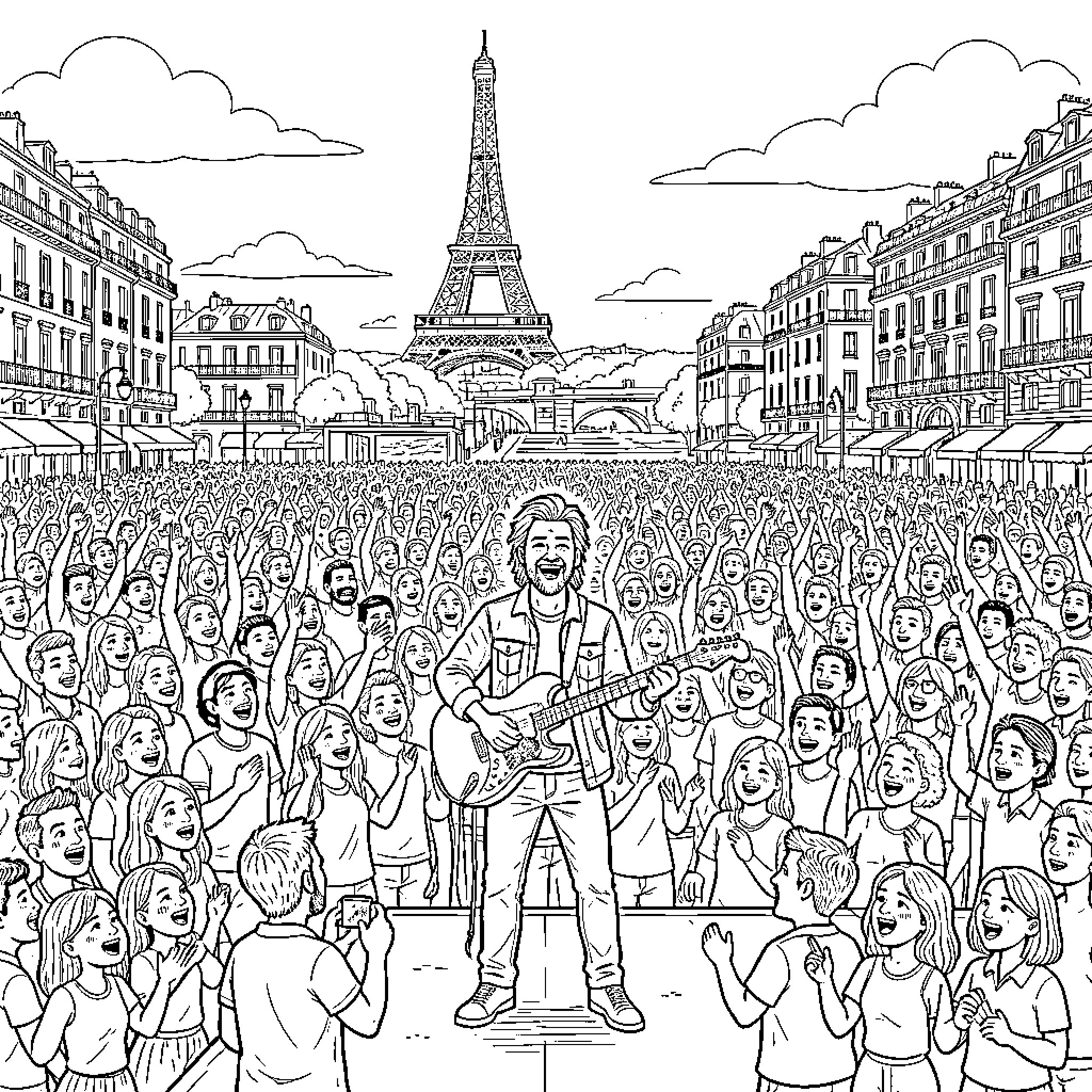 Heartfelt musical performance before a cheering crowd in Paris Coloring Page (free black-and-white line drawing printable PDF for all, from beginners to advanced learners, including children, teens, adults, and seniors)