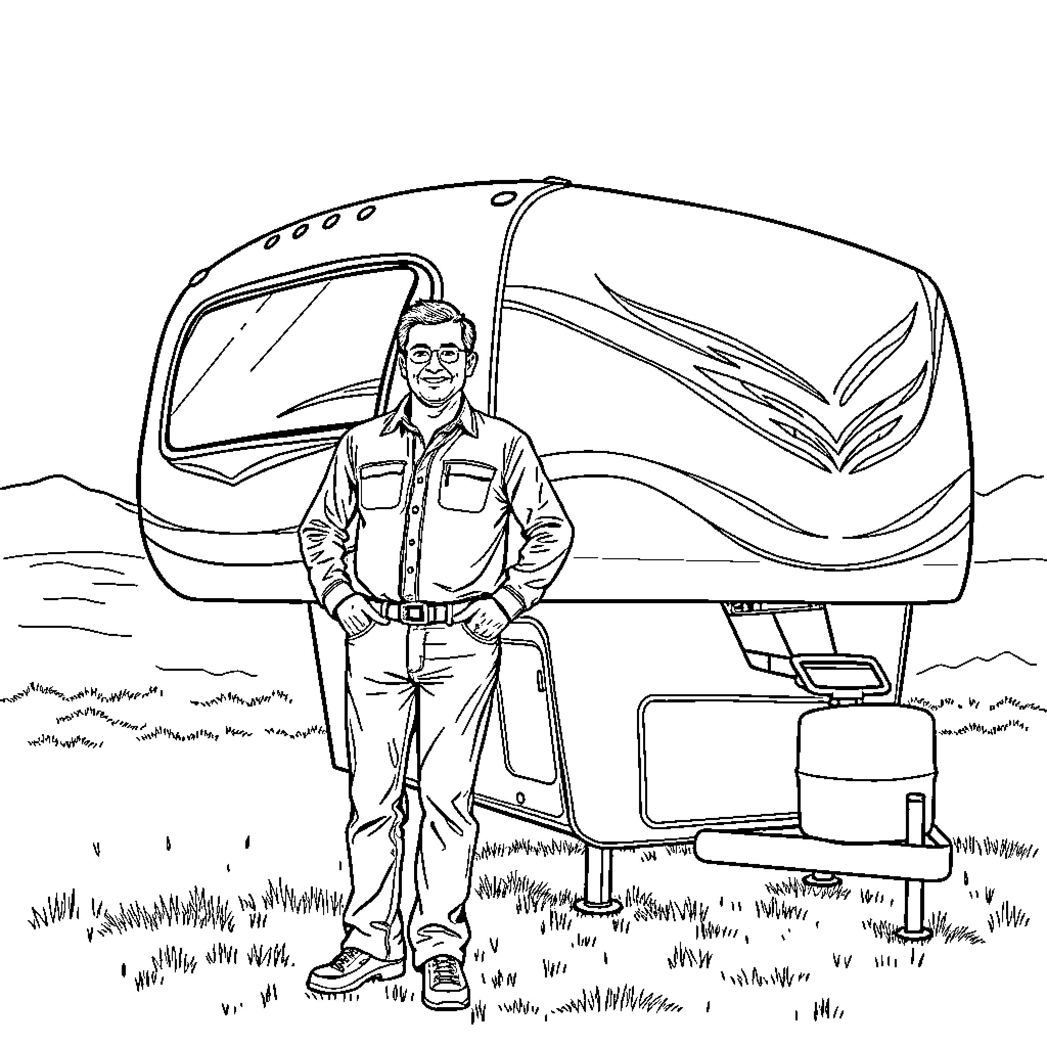 Louis Lalancette standing confidently beside his recreational vehicle Coloring Page (free black-and-white line drawing printable PDF for all, from beginners to advanced learners, including children, teens, adults, and seniors)