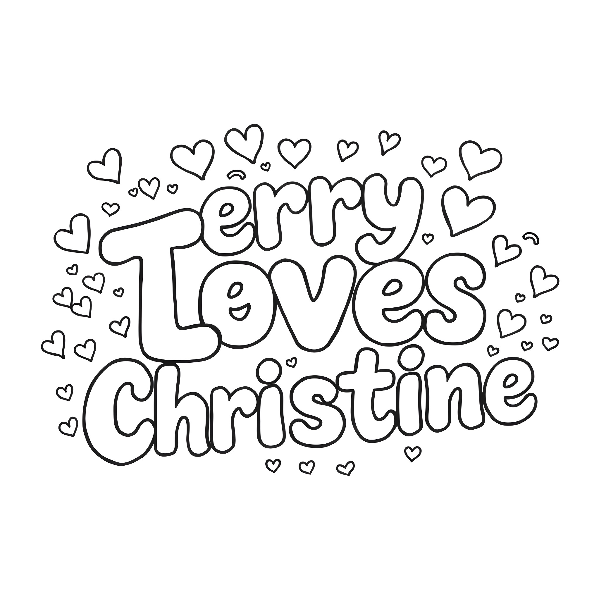Bubble Letter Expressing Affection for Christine Coloring Page (free black-and-white line drawing printable PDF for all, from beginners to advanced learners, including children, teens, adults, and seniors)