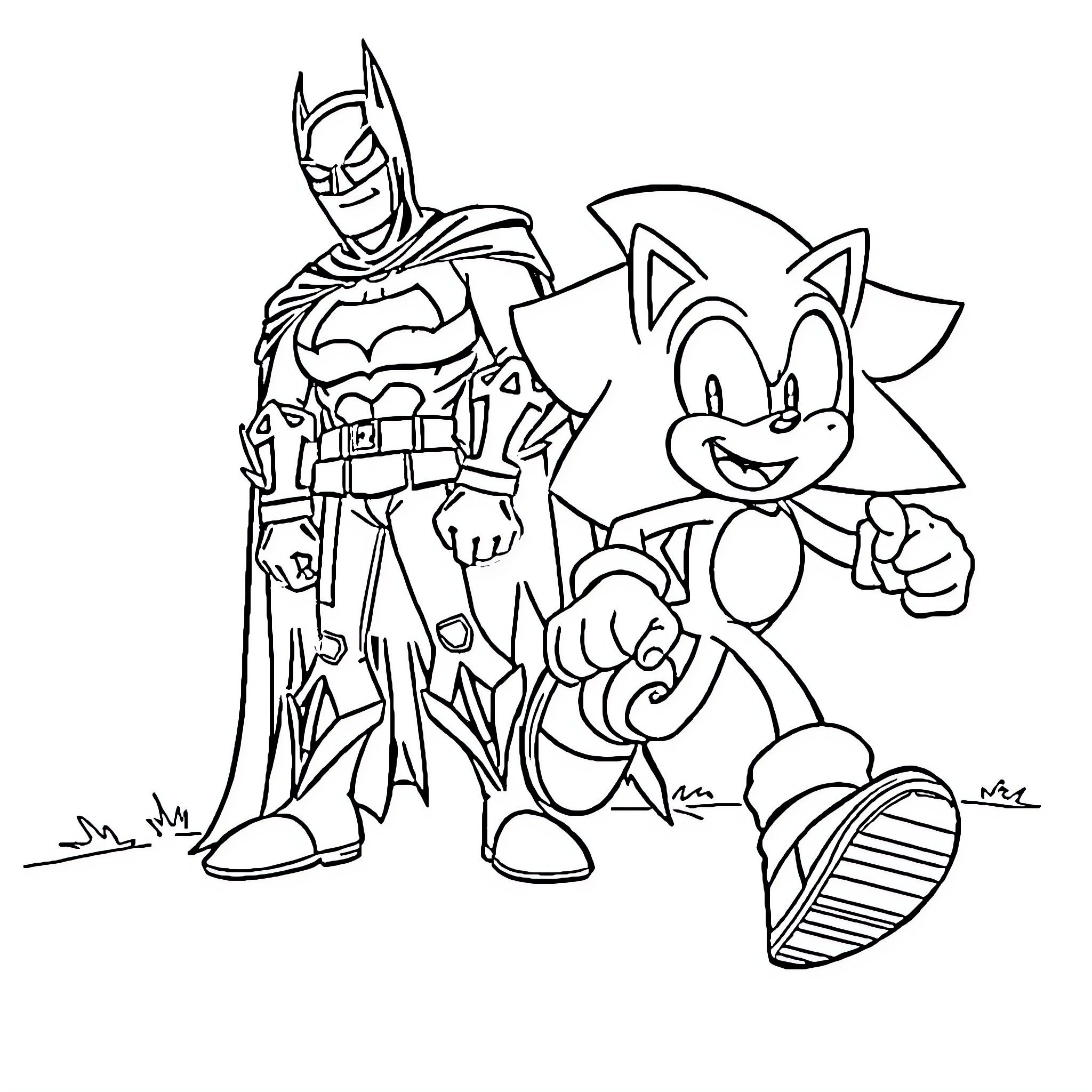 Sonic characters in action poses Coloring Page (free black-and-white line drawing printable PDF for all, from beginners to advanced learners, including children, teens, adults, and seniors)