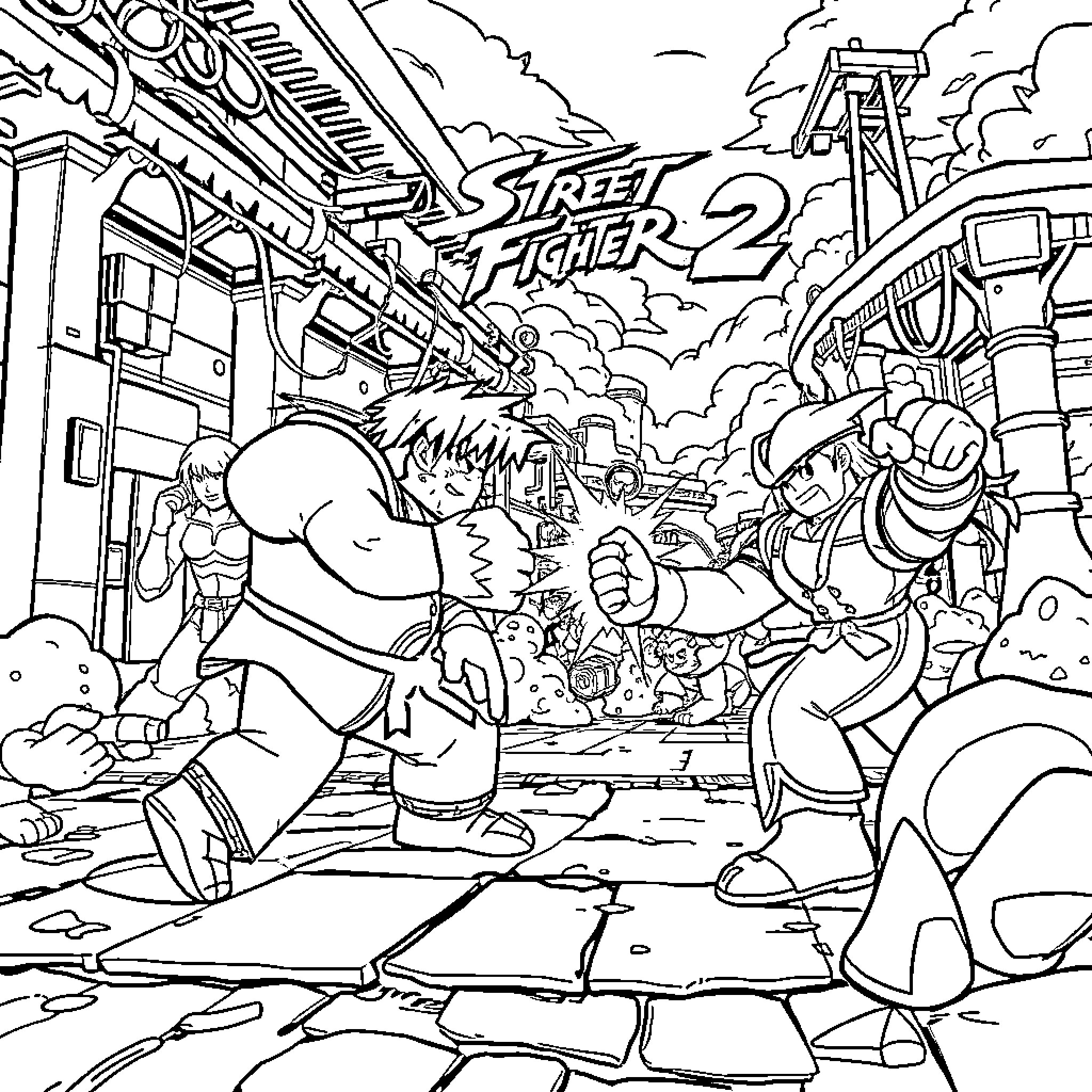 Street Fighter characters in an intense battle scene Coloring Page (free black-and-white line drawing printable PDF for all, from beginners to advanced learners, including children, teens, adults, and seniors)