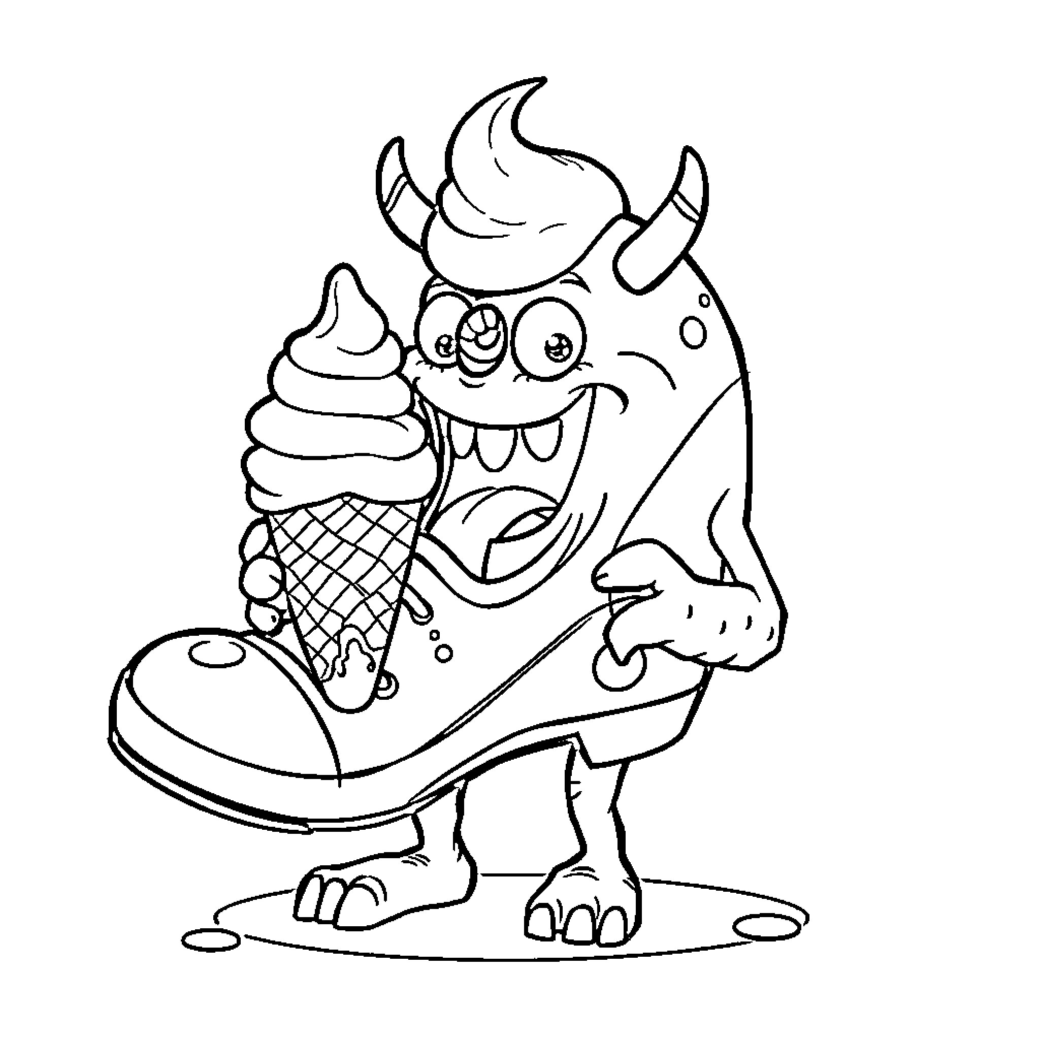 Monster enjoying a monstrous ice cream cone Coloring Page (free black-and-white line drawing printable PDF for all, from beginners to advanced learners, including children, teens, adults, and seniors)