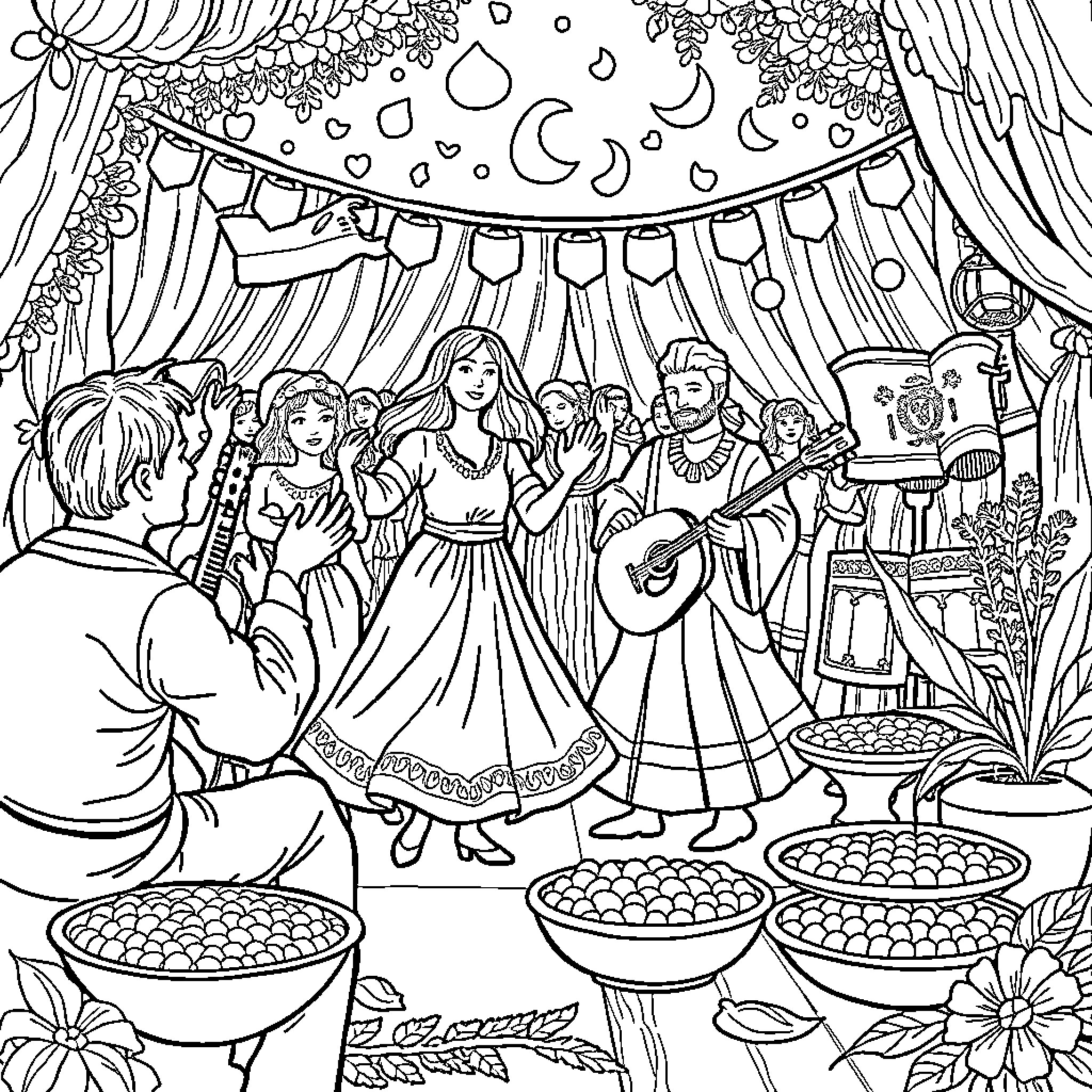 Lebanon: Festive Celebration with Music and Dance Coloring Page (free black-and-white line drawing printable PDF for all, from beginners to advanced learners, including children, teens, adults, and seniors)