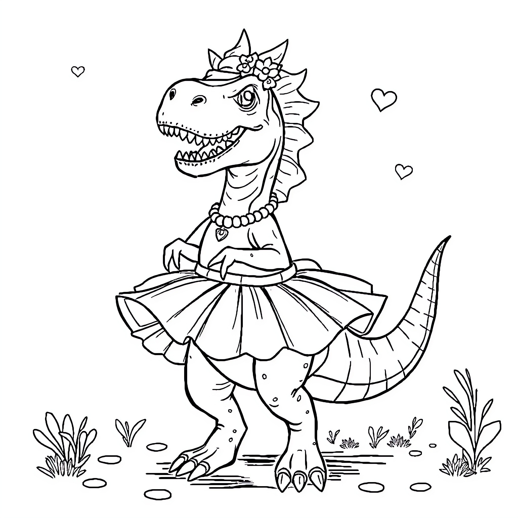 Dinosaur in Floral Dress Dancing Joyfully Coloring Page (free black-and-white line drawing printable PDF for all, from beginners to advanced learners, including children, teens, adults, and seniors)
