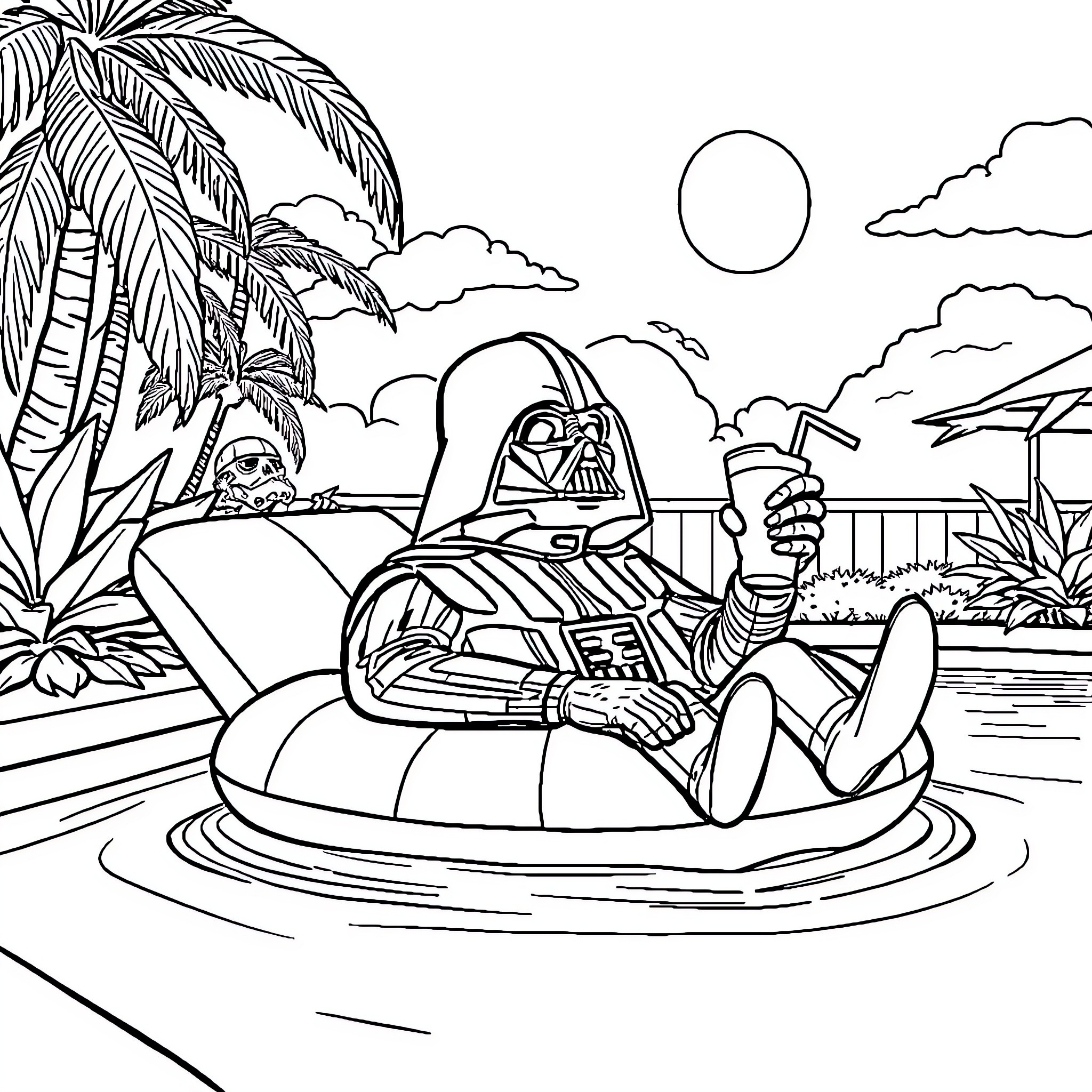 Darth Vader relaxing on a tropical beach Coloring Page (free black-and-white line drawing printable PDF for all, from beginners to advanced learners, including children, teens, adults, and seniors)