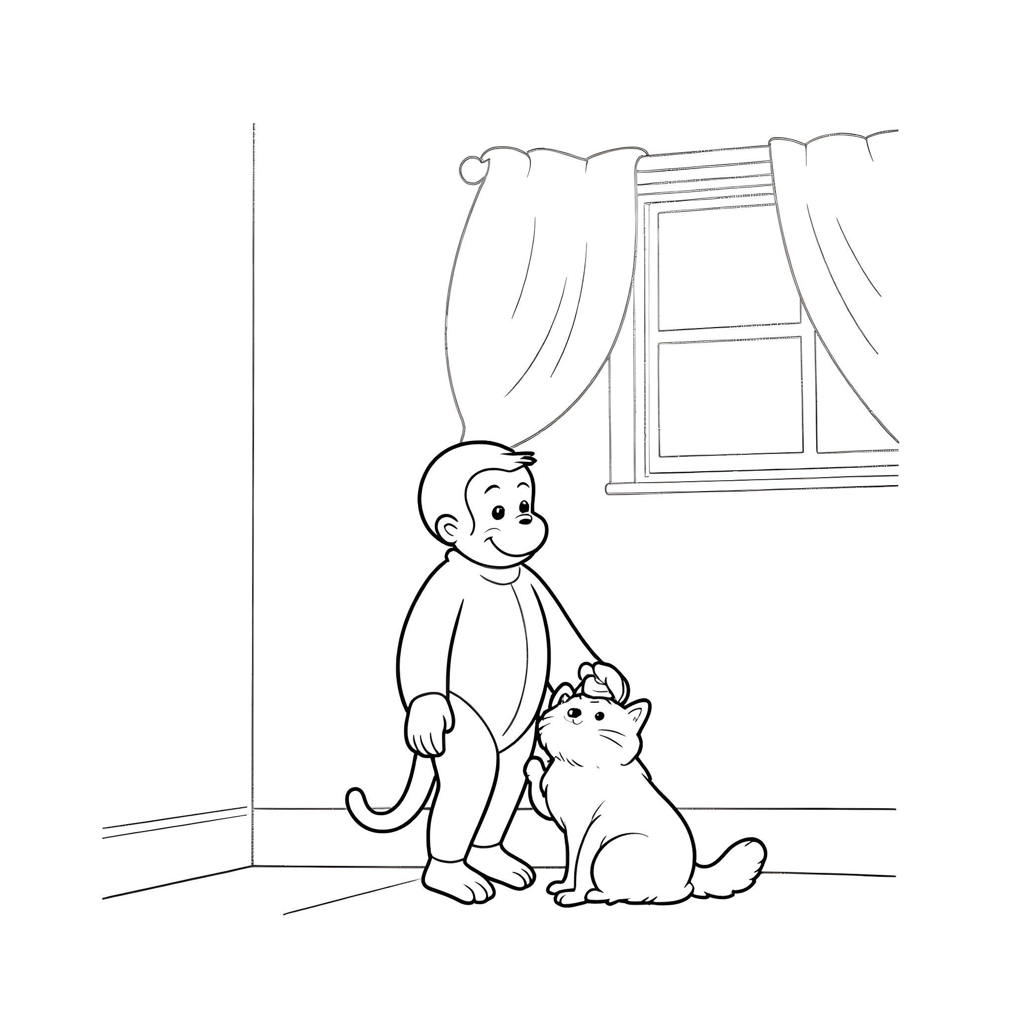 Curious George playing with a cat in the room Coloring Page (free black-and-white line drawing printable PDF for all, from beginners to advanced learners, including children, teens, adults, and seniors)