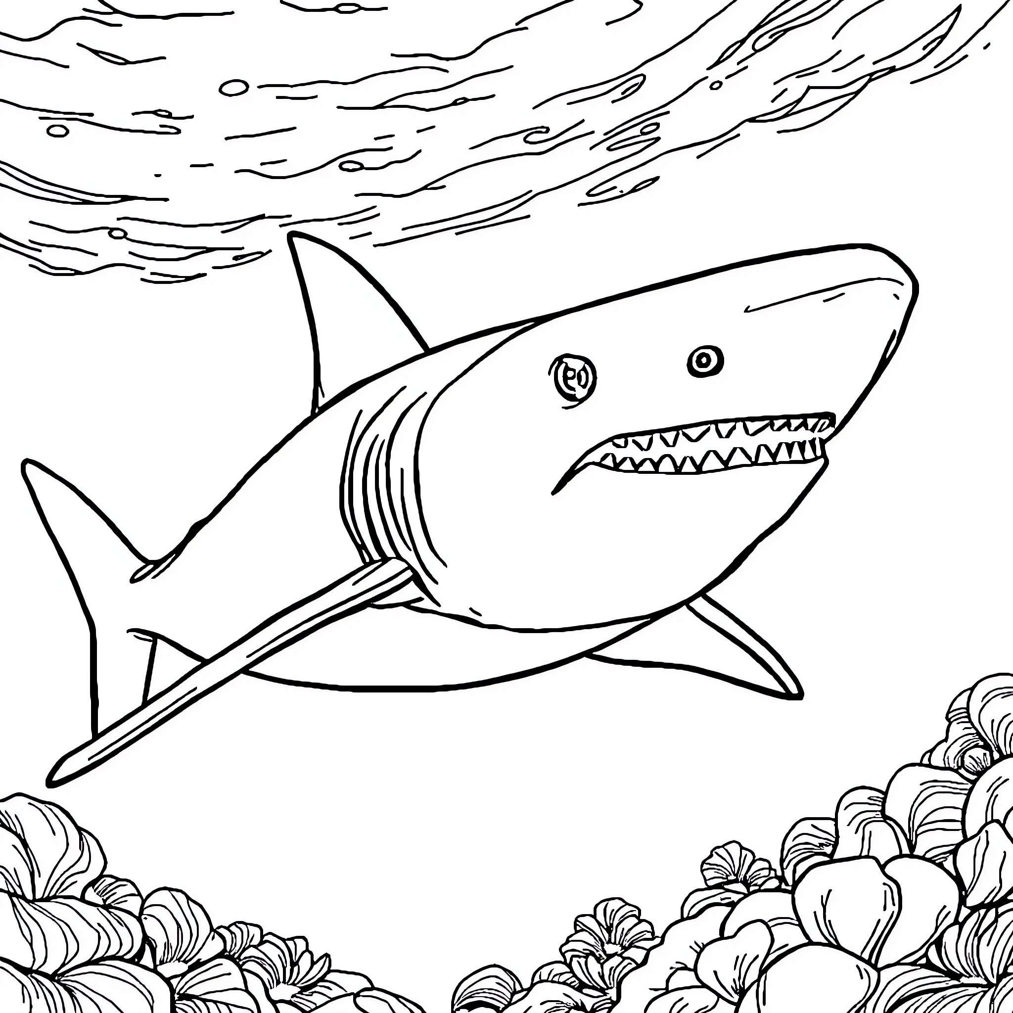 Megalodon shark swimming aggressively in the ocean Coloring Page (free black-and-white line drawing printable PDF for all, from beginners to advanced learners, including children, teens, adults, and seniors)