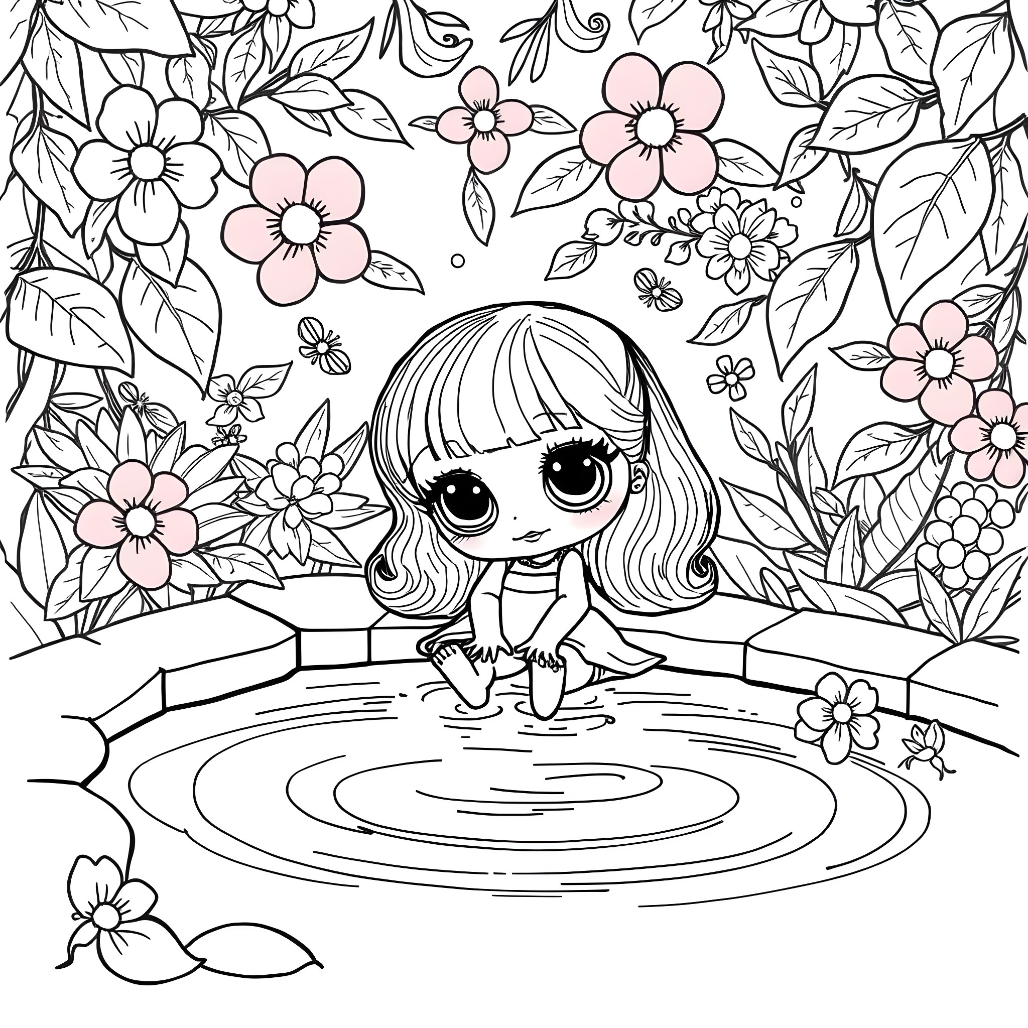 Doll playing happily in floral garden Coloring Page (free black-and-white line drawing printable PDF for all, from beginners to advanced learners, including children, teens, adults, and seniors)