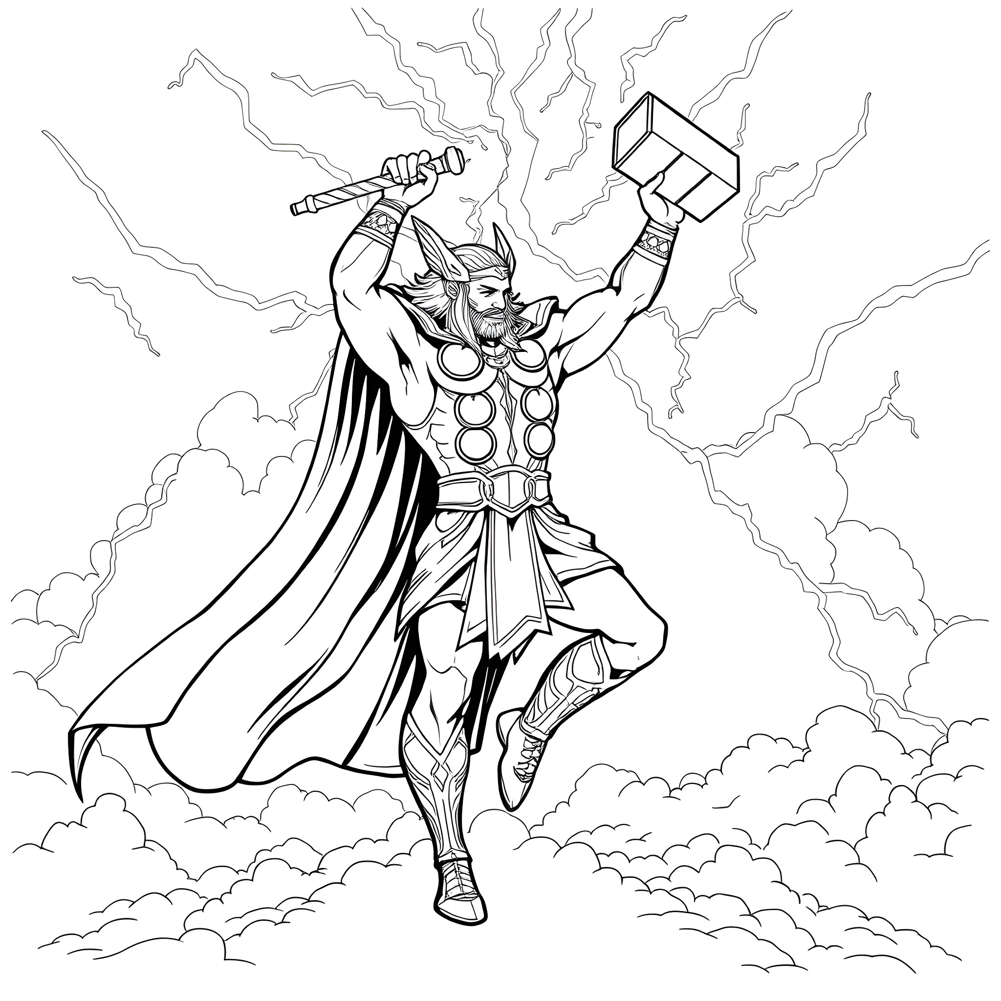 Thor unleashing mighty power with his hammer Coloring Page (free black-and-white line drawing printable PDF for all, from beginners to advanced learners, including children, teens, adults, and seniors)