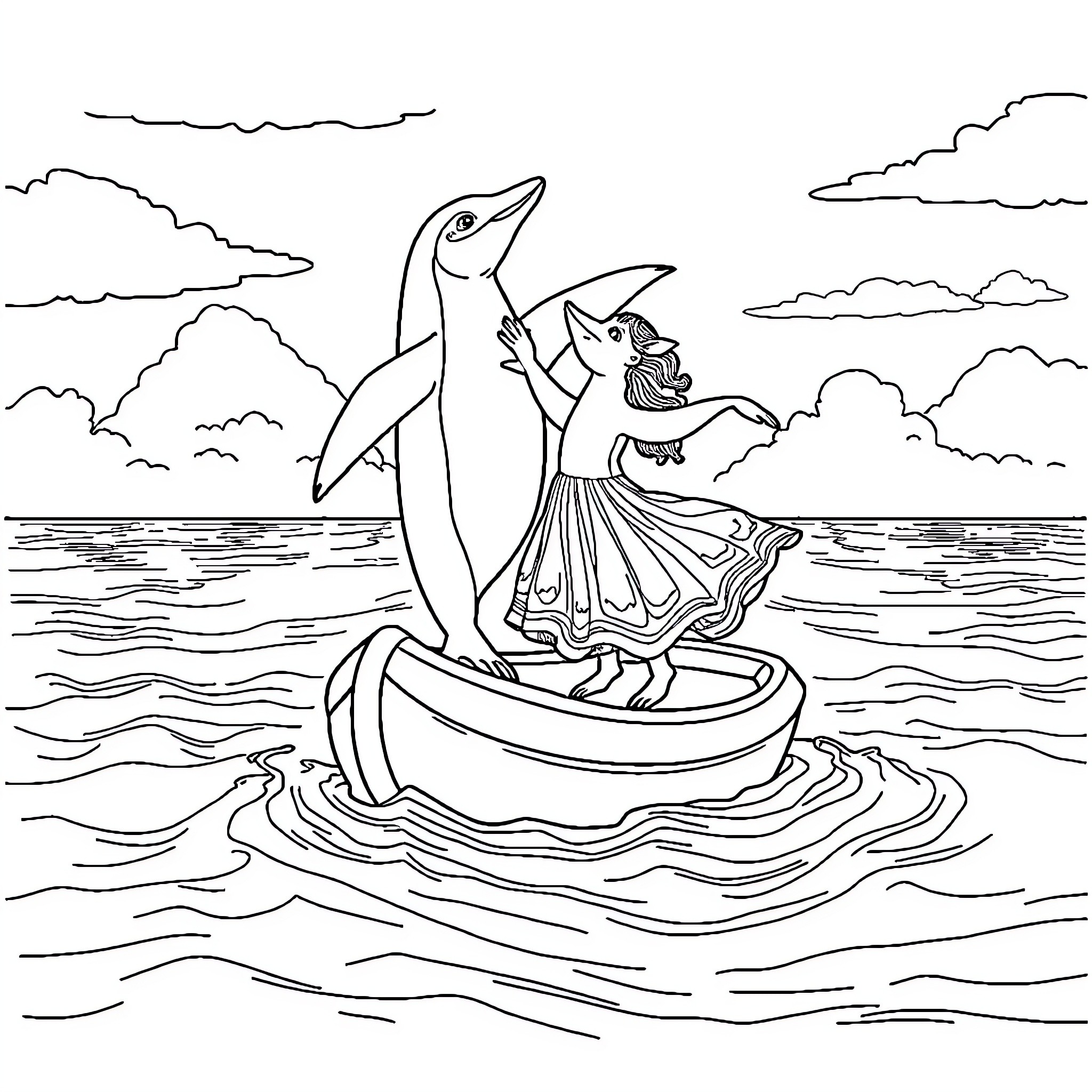 Orca couple dancing in the ocean Coloring Page (free black-and-white line drawing printable PDF for all, from beginners to advanced learners, including children, teens, adults, and seniors)