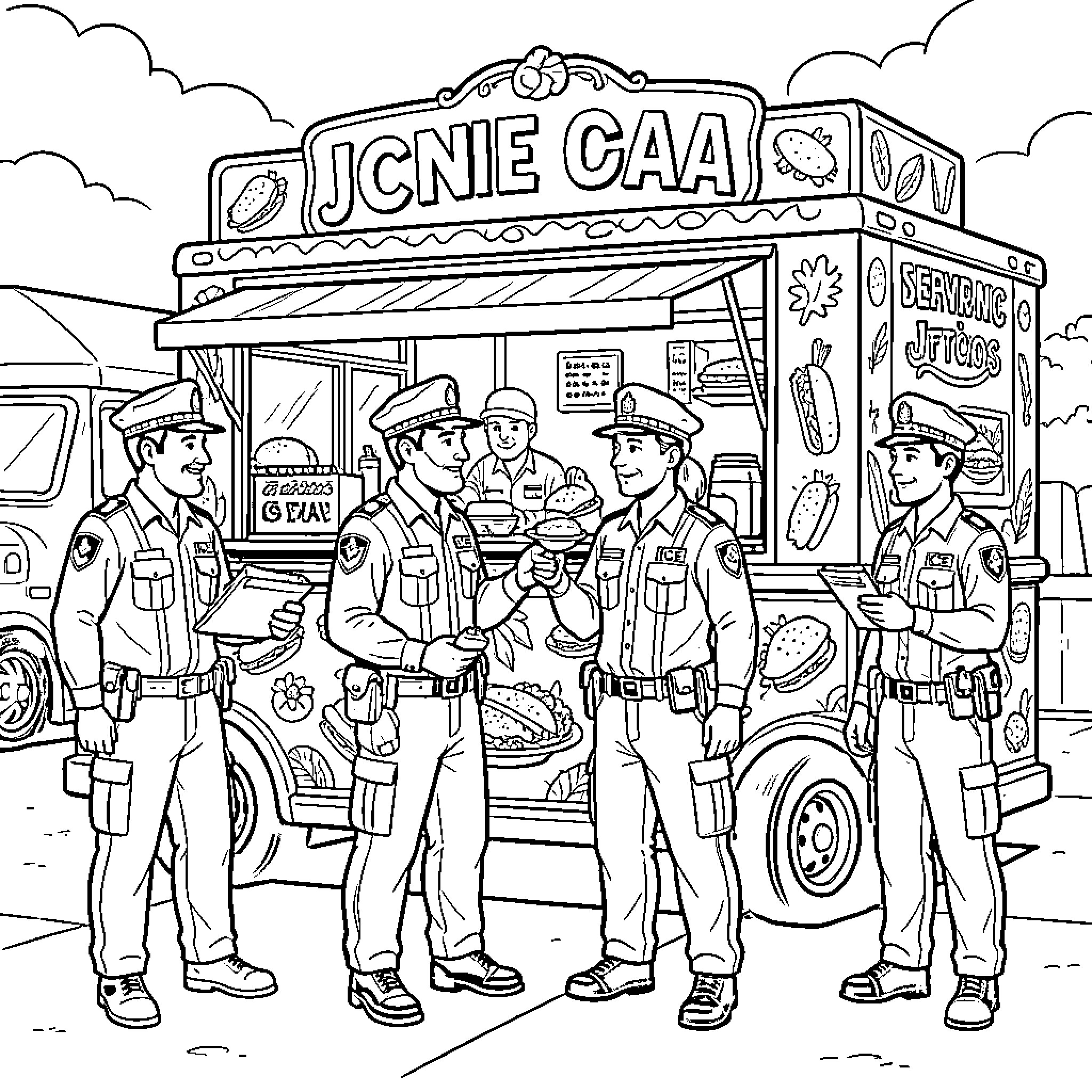 Ice Agent: Law Enforcement Officers at Mobile Station Coloring Page (free black-and-white line drawing printable PDF for all, from beginners to advanced learners, including children, teens, adults, and seniors)