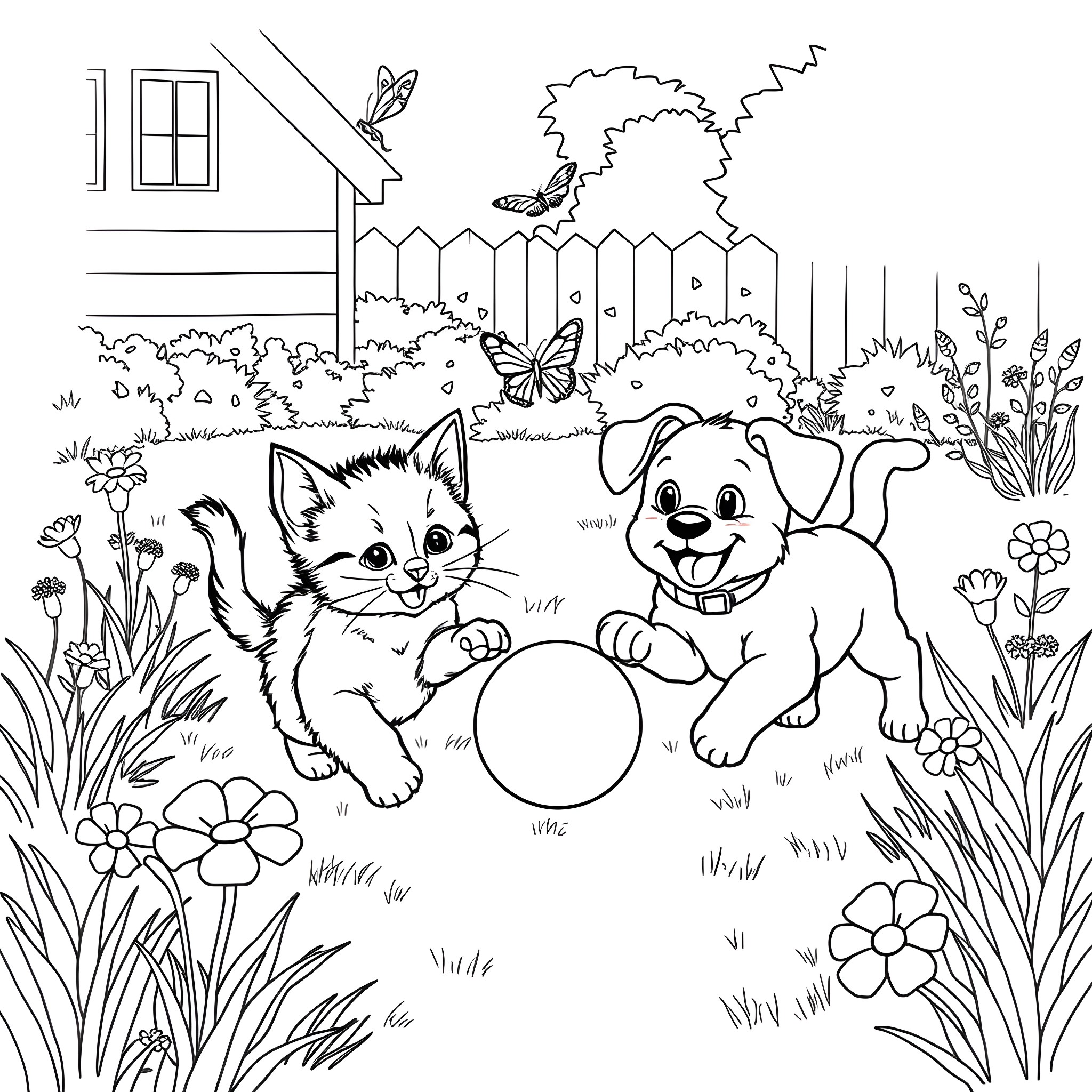 Cat and dog playing in a garden Coloring Page (free black-and-white line drawing printable PDF for all, from beginners to advanced learners, including children, teens, adults, and seniors)