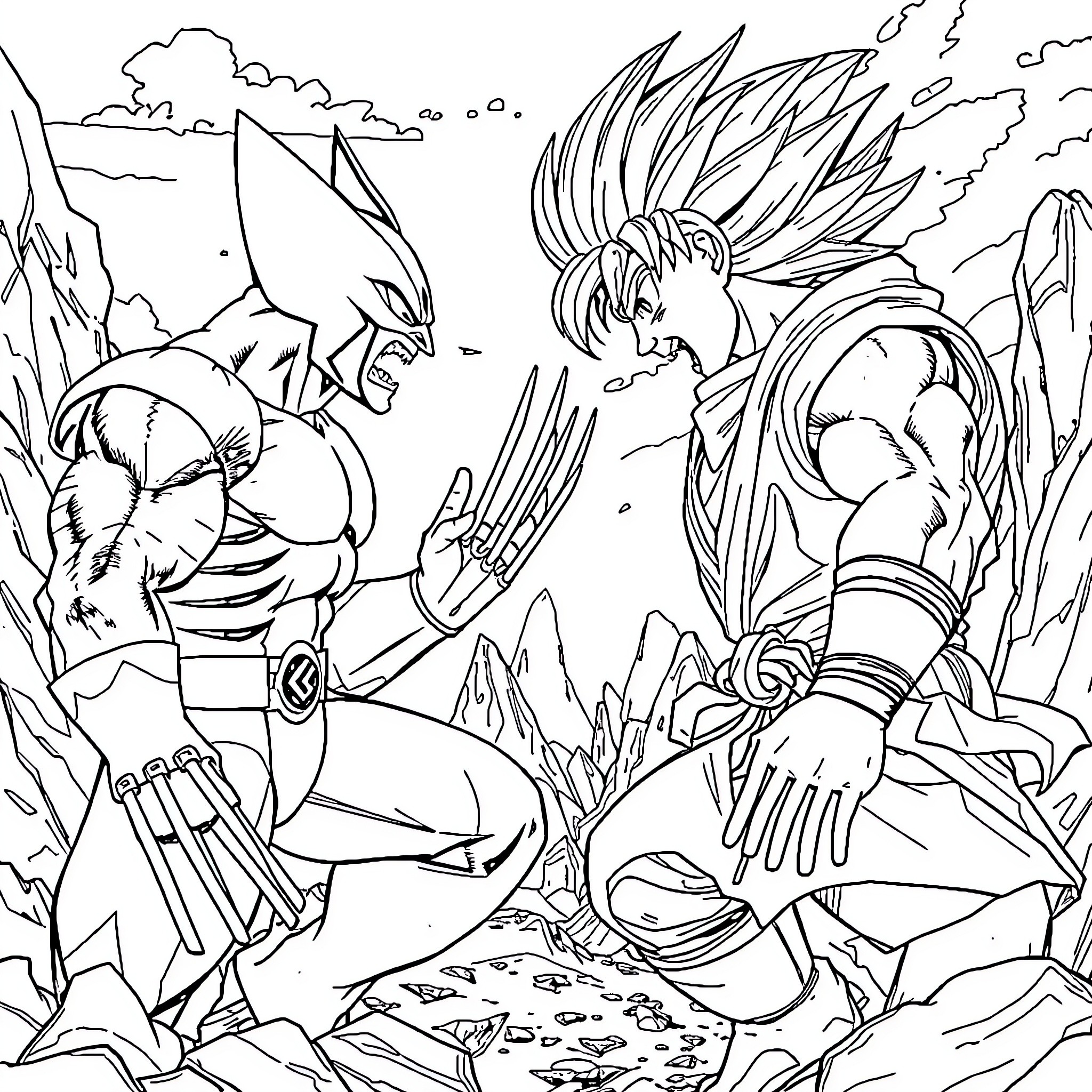 Wolverine heroes battling with fierce expressions Coloring Page (free black-and-white line drawing printable PDF for all, from beginners to advanced learners, including children, teens, adults, and seniors)