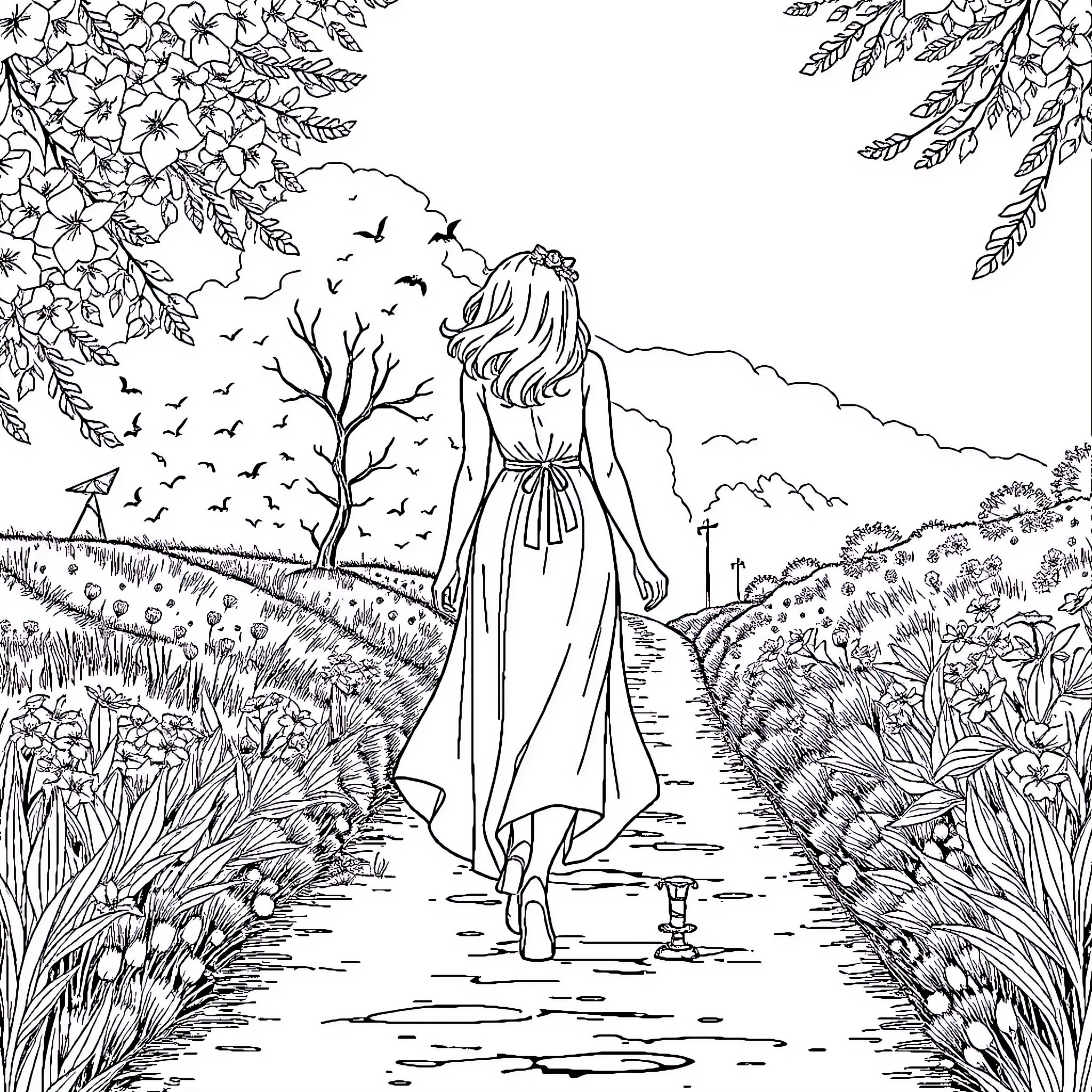 Woman walks alone on a winding path amidst nature Coloring Page (free black-and-white line drawing printable PDF for all, from beginners to advanced learners, including children, teens, adults, and seniors)