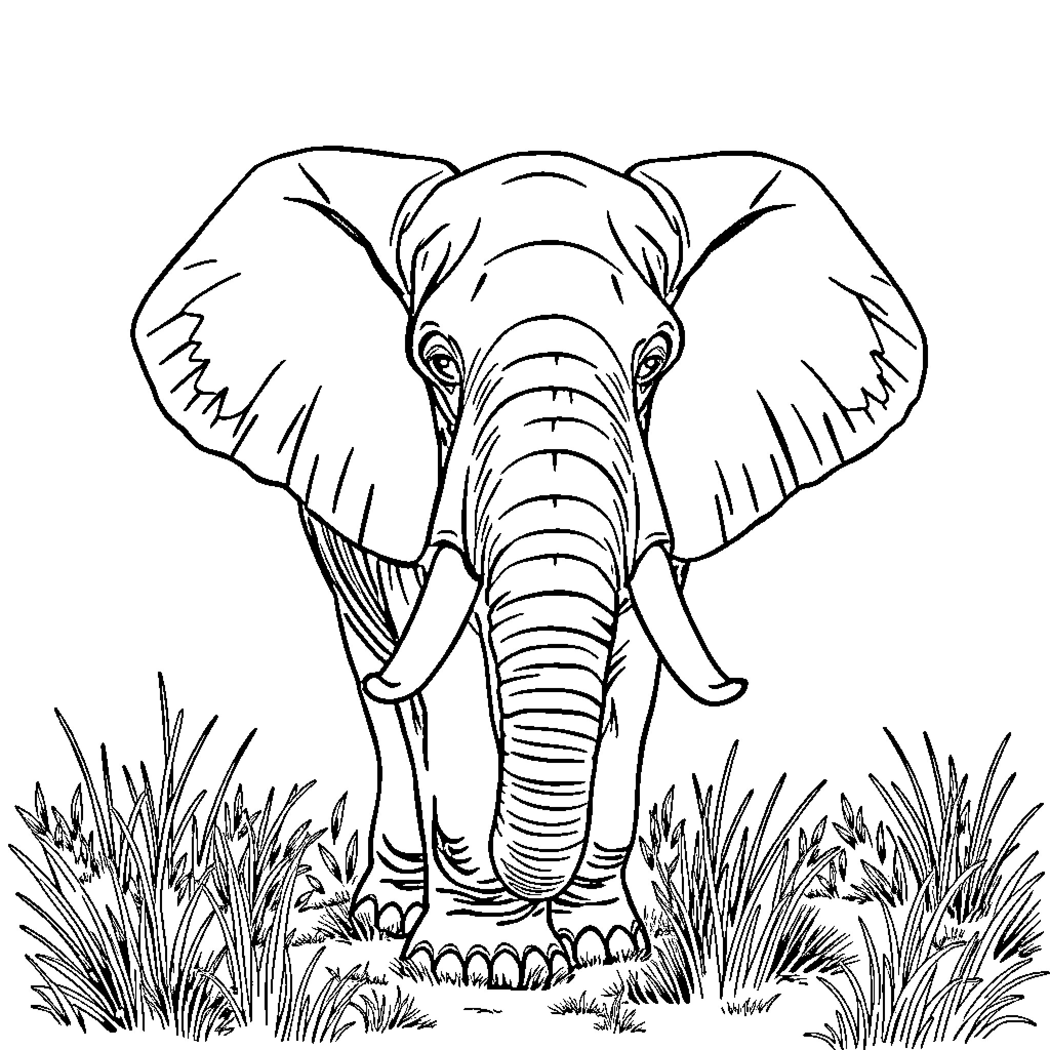 Elephant standing firmly in the grassland Coloring Page (free black-and-white line drawing printable PDF for all, from beginners to advanced learners, including children, teens, adults, and seniors)