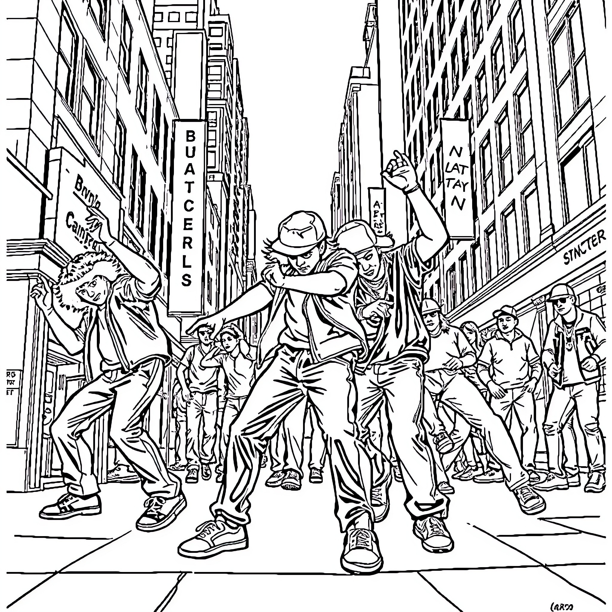Breakdancer group performing on a city street Coloring Page (free black-and-white line drawing printable PDF for all, from beginners to advanced learners, including children, teens, adults, and seniors)