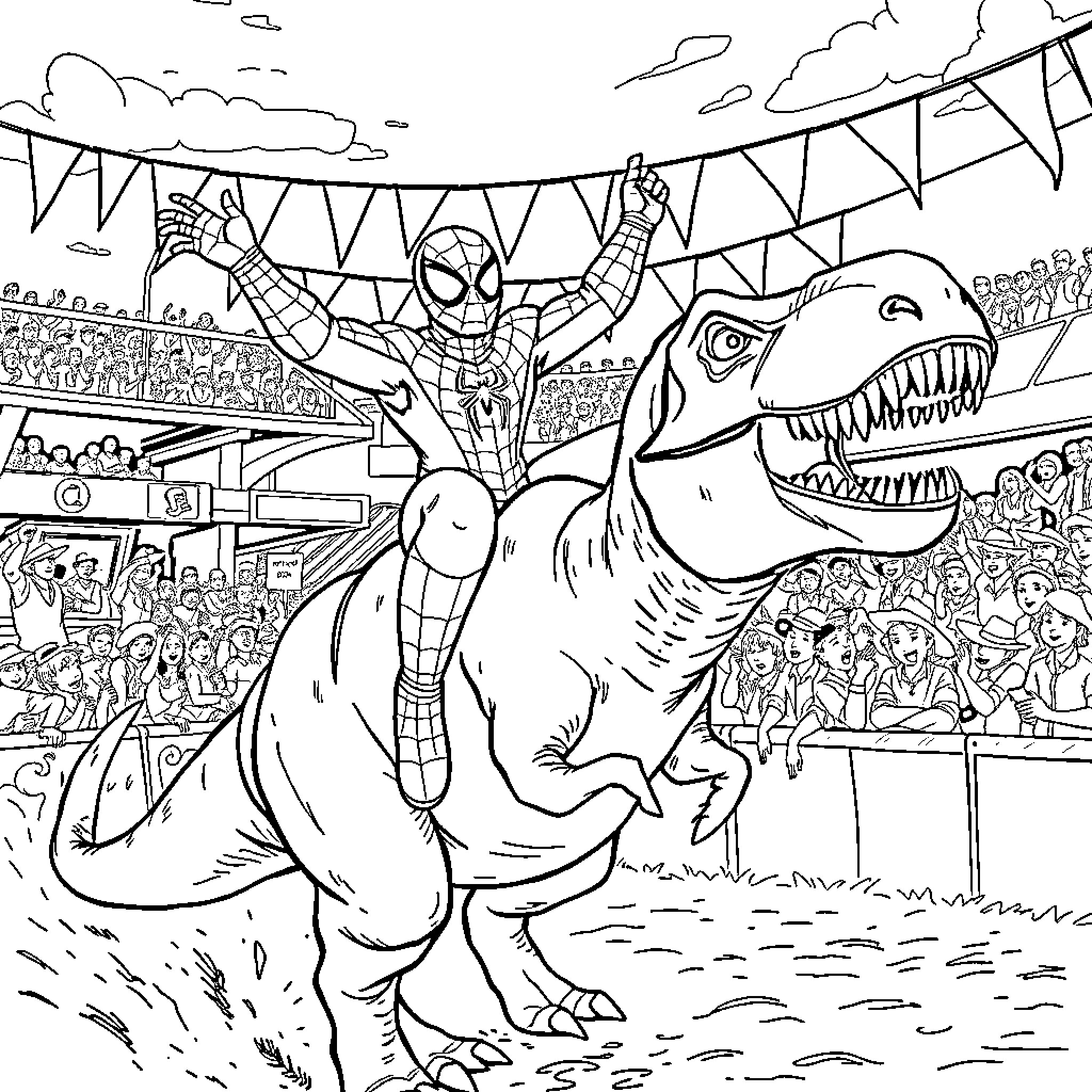 Spiderman battles a giant dinosaur at the circus Coloring Page (free black-and-white line drawing printable PDF for all, from beginners to advanced learners, including children, teens, adults, and seniors)