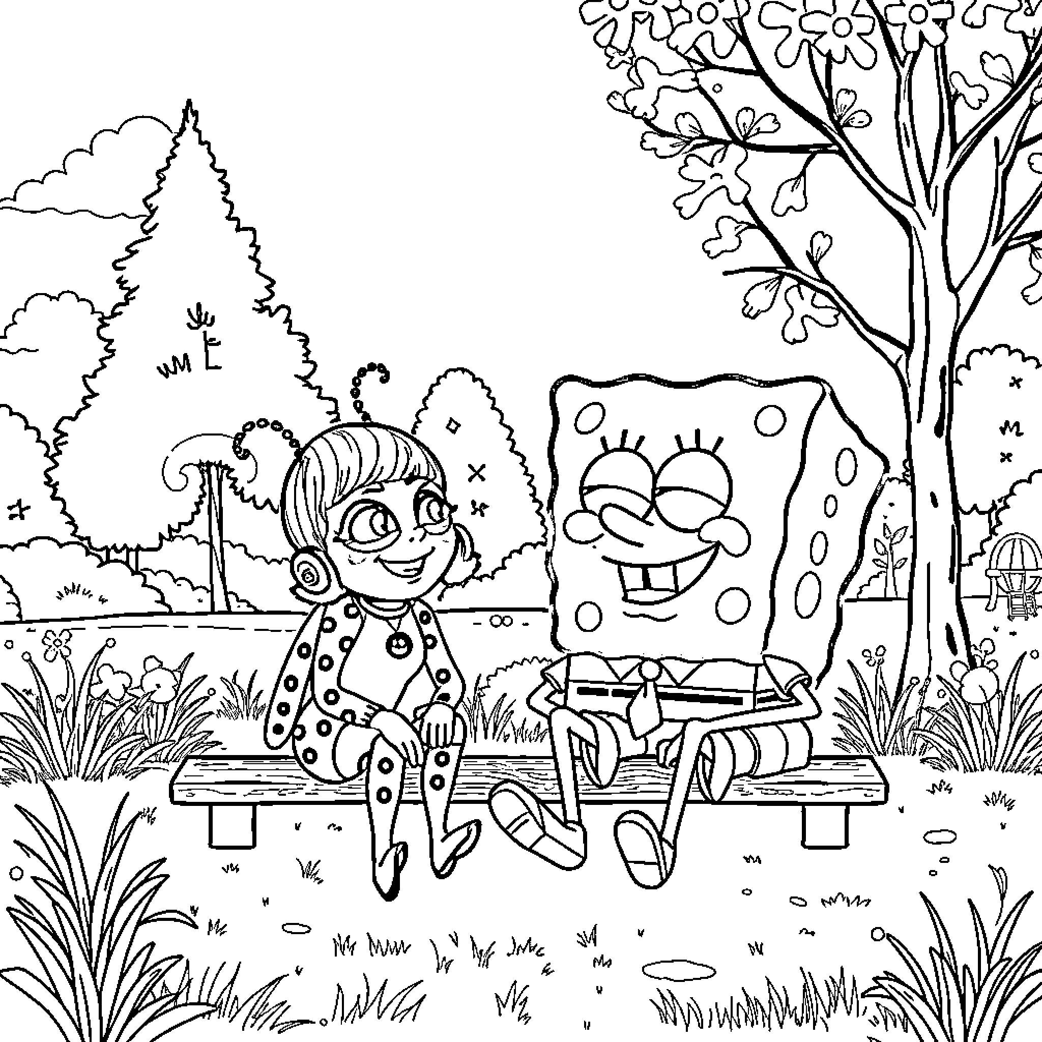 Spongebob and Squarepants having a whimsical outdoor adventure Coloring Page (free black-and-white line drawing printable PDF for all, from beginners to advanced learners, including children, teens, adults, and seniors)