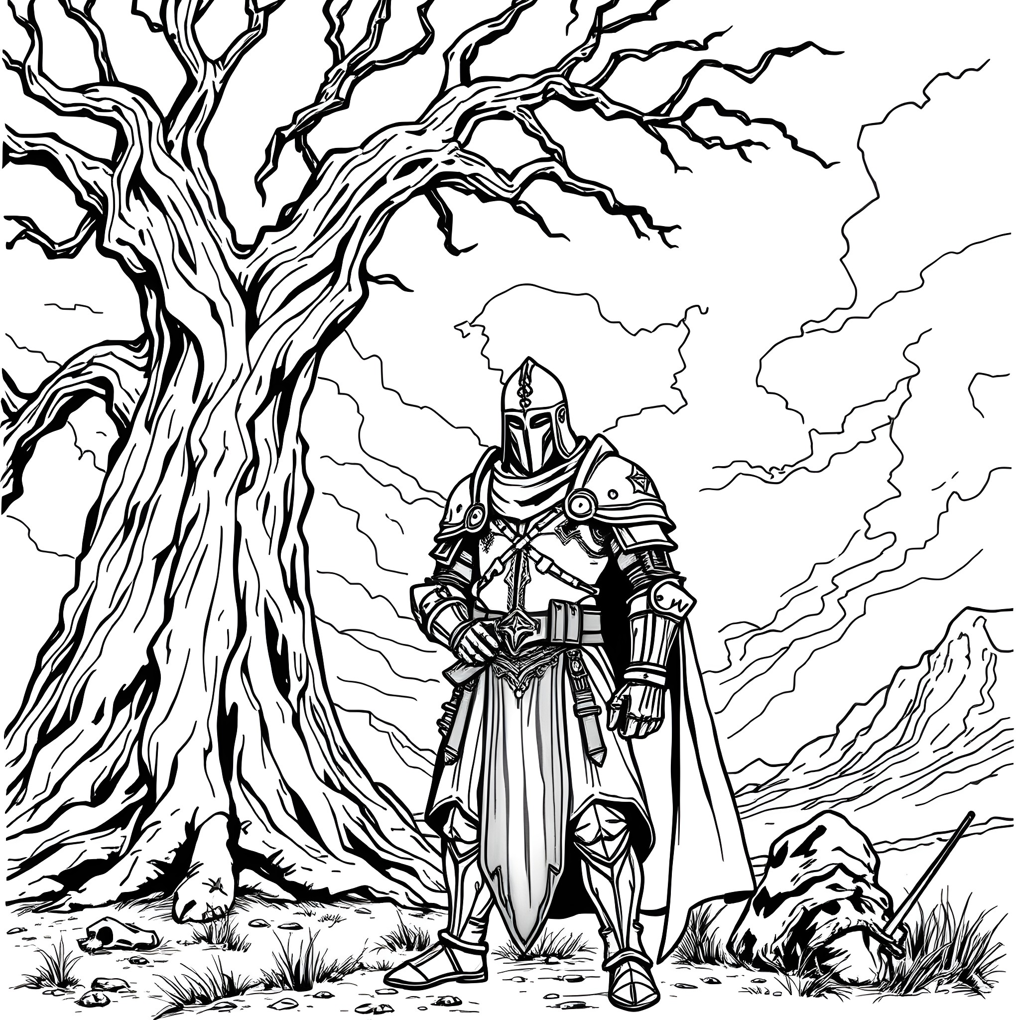 Dark Souls: Armored Knight in Ominous Landscape Coloring Page (free black-and-white line drawing printable PDF for all, from beginners to advanced learners, including children, teens, adults, and seniors)
