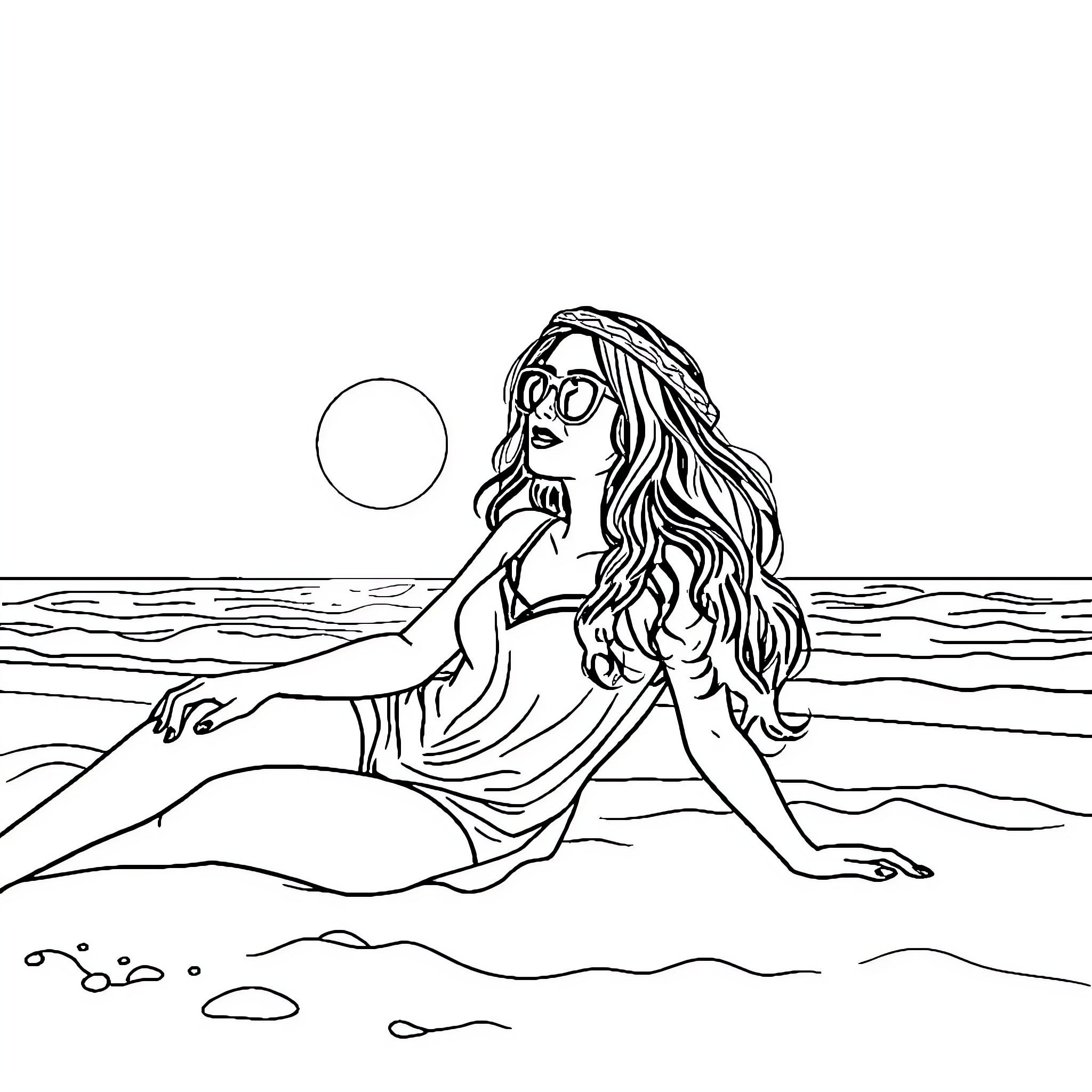 Mía Kalifa enjoying the beach scenery Coloring Page (free black-and-white line drawing printable PDF for all, from beginners to advanced learners, including children, teens, adults, and seniors)