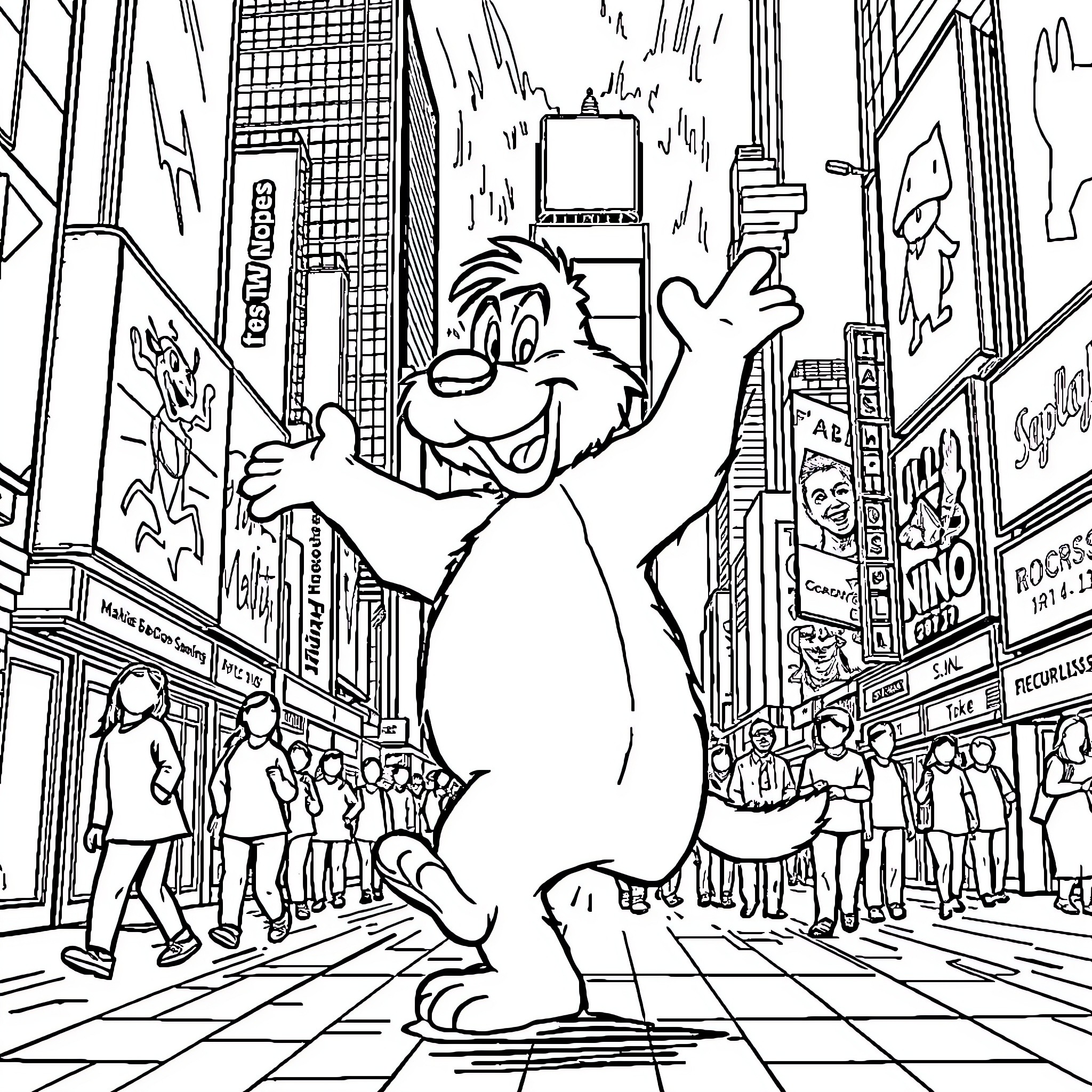 Baloo dancing joyfully in the city Coloring Page (free black-and-white line drawing printable PDF for all, from beginners to advanced learners, including children, teens, adults, and seniors)