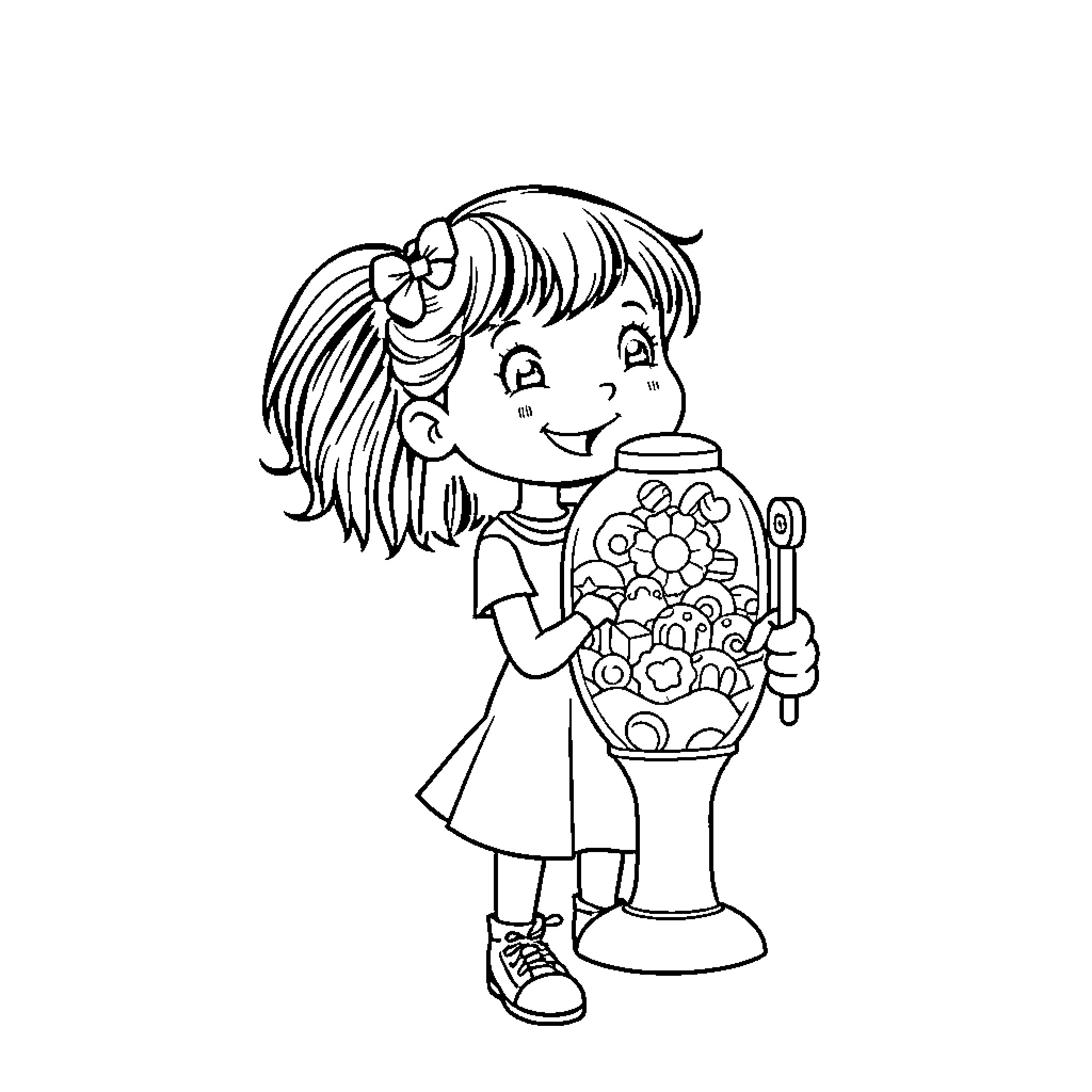 Girl coloring a flower bouquet Coloring Page (free black-and-white line drawing printable PDF for all, from beginners to advanced learners, including children, teens, adults, and seniors)