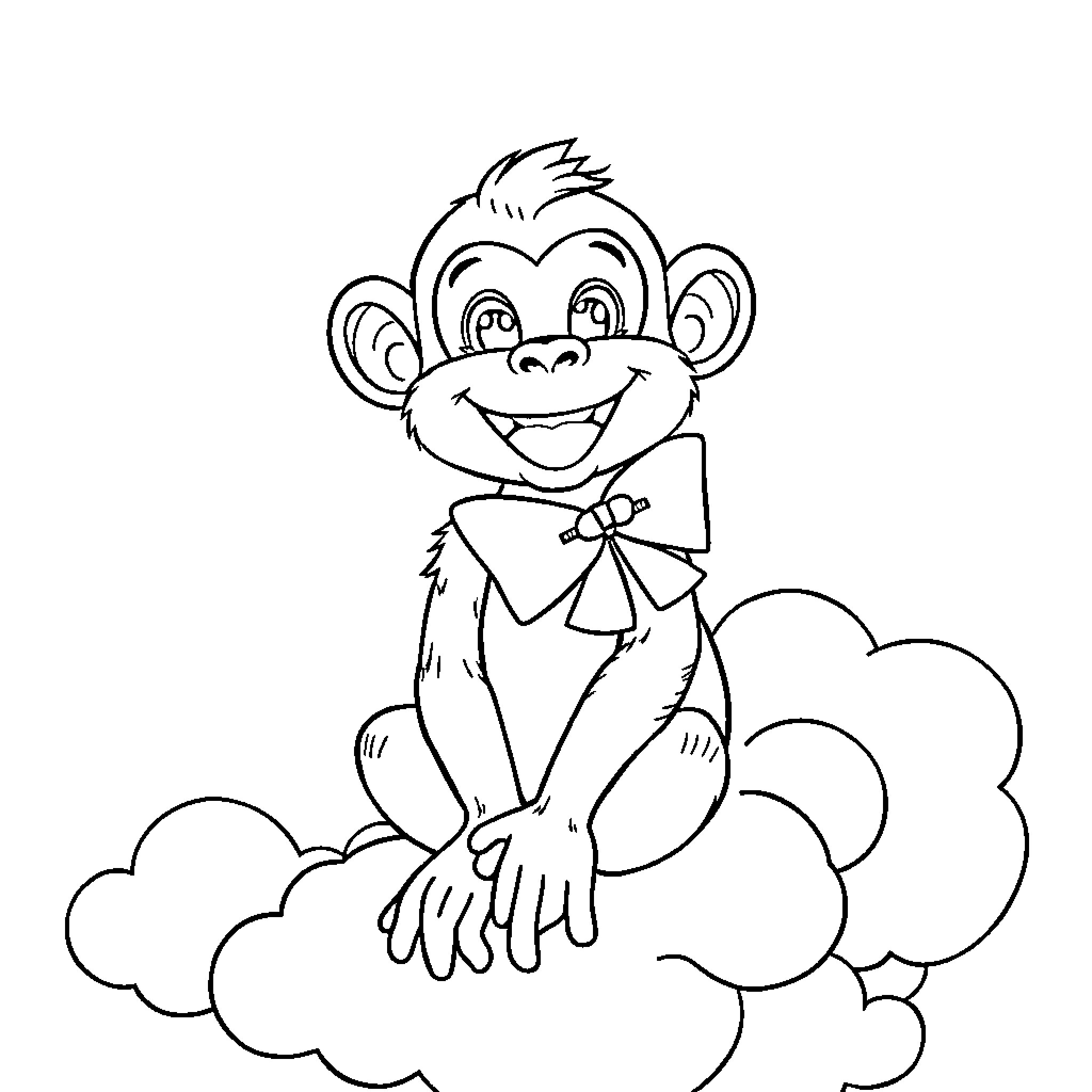 Monkey sitting happily on a cloud Coloring Page (free black-and-white line drawing printable PDF for all, from beginners to advanced learners, including children, teens, adults, and seniors)