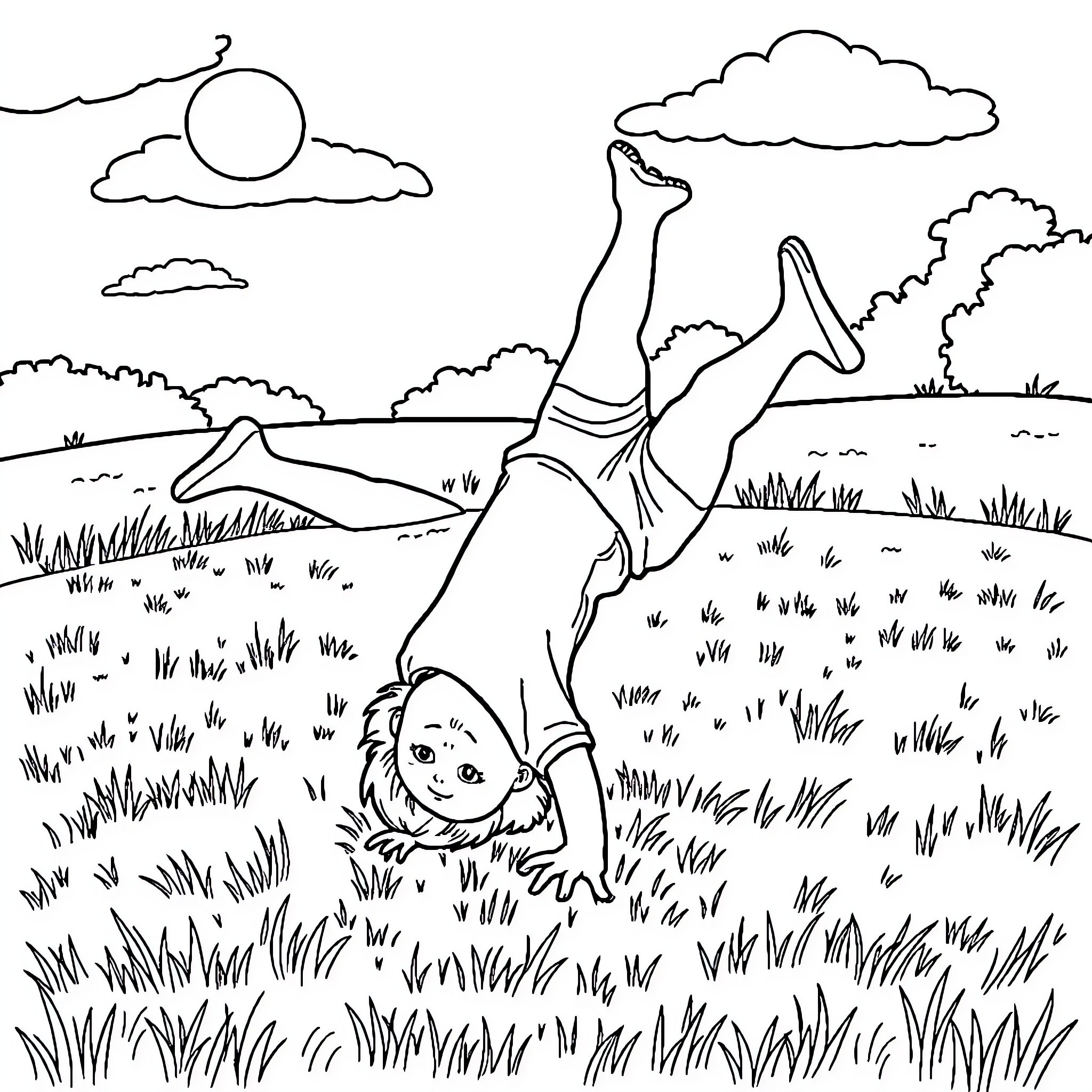 Kid playing joyfully in field of tall grass Coloring Page (free black-and-white line drawing printable PDF for all, from beginners to advanced learners, including children, teens, adults, and seniors)