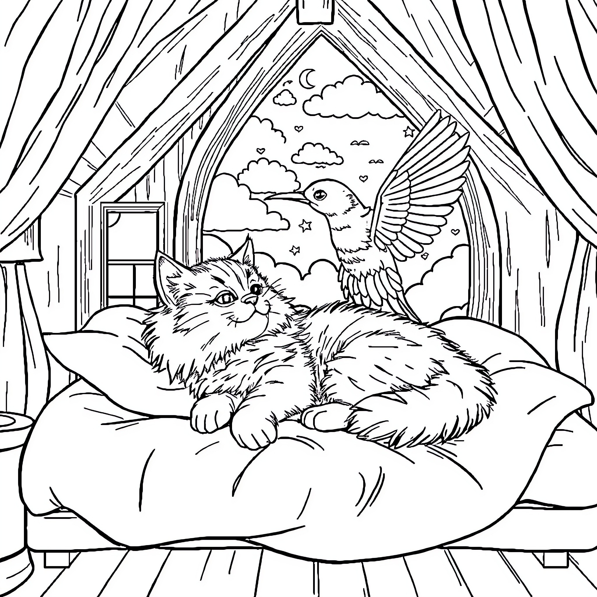 Cat relaxing on a cozy bed with a bird outside the window Coloring Page (free black-and-white line drawing printable PDF for all, from beginners to advanced learners, including children, teens, adults, and seniors)