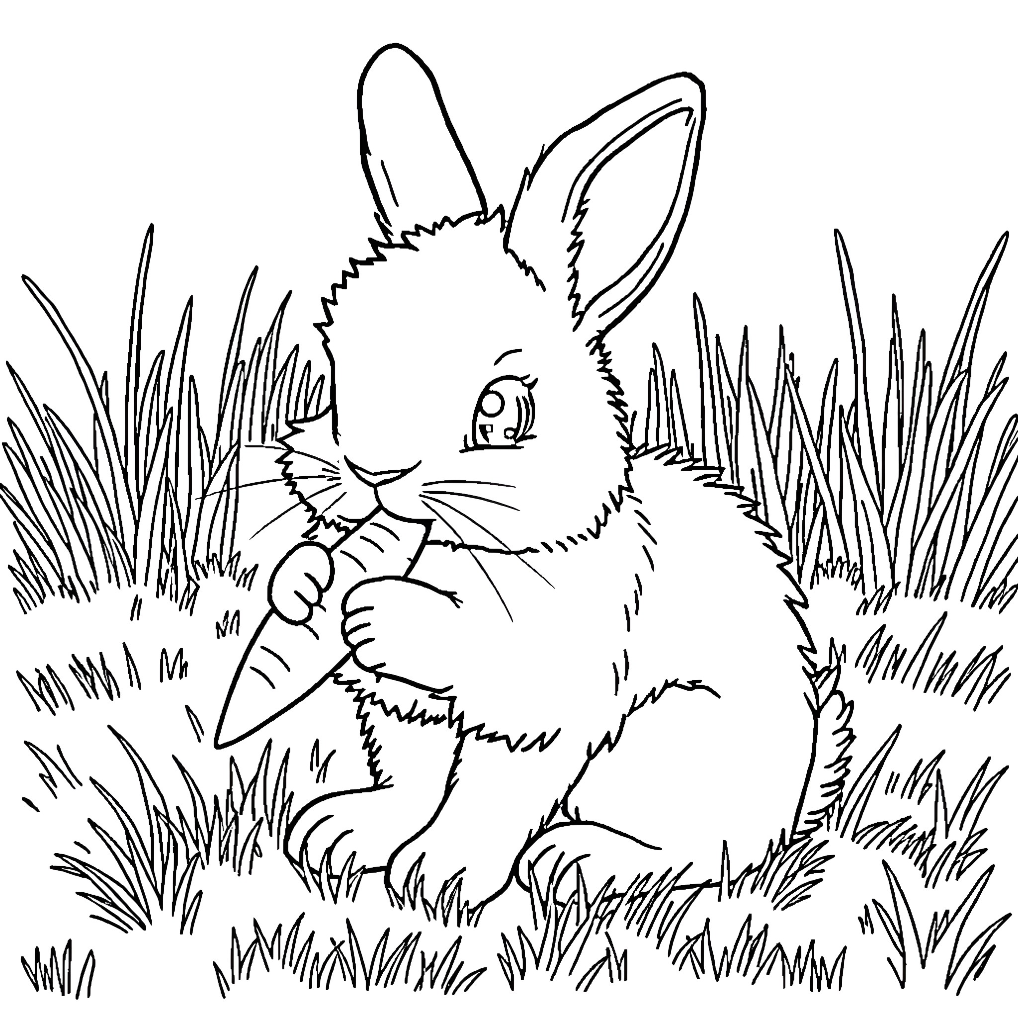 Bunny enjoying a carrot in the grassy field Coloring Page (free black-and-white line drawing printable PDF for all, from beginners to advanced learners, including children, teens, adults, and seniors)