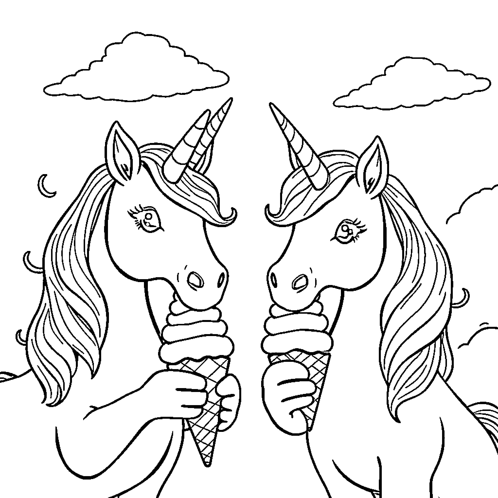 Unicorn friends enjoying ice cream treats Coloring Page (free black-and-white line drawing printable PDF for all, from beginners to advanced learners, including children, teens, adults, and seniors)