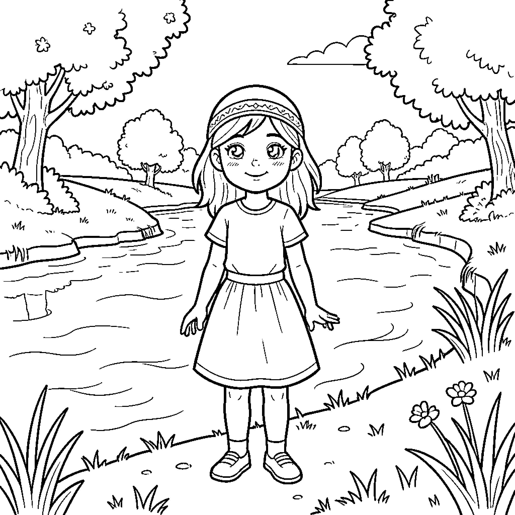 Nia standing peacefully by a scenic river Coloring Page (free black-and-white line drawing printable PDF for all, from beginners to advanced learners, including children, teens, adults, and seniors)