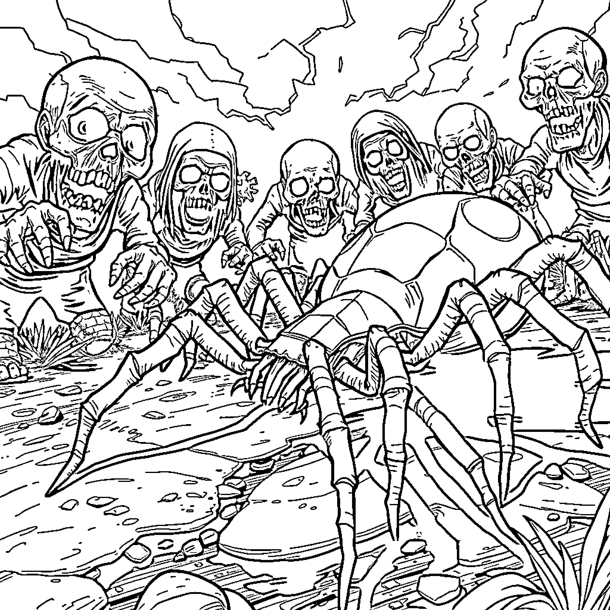 Spider-Zombies Attacking in a Grim Landscape Coloring Page (free black-and-white line drawing printable PDF for all, from beginners to advanced learners, including children, teens, adults, and seniors)