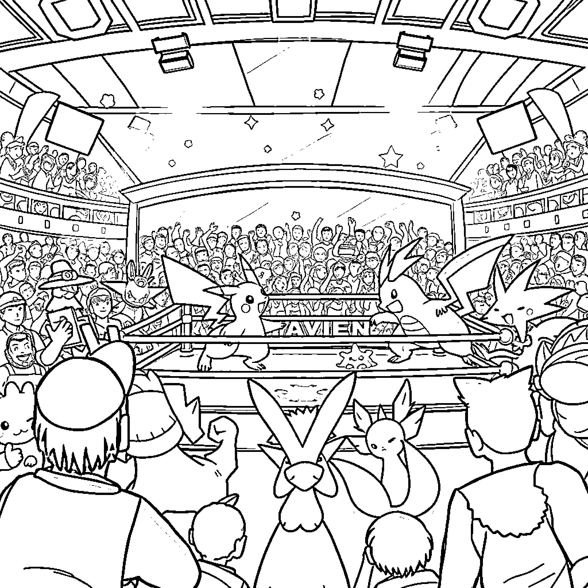 Pokémon Trainers Battling in a Stadium Coloring Page (free black-and-white line drawing printable PDF for all, from beginners to advanced learners, including children, teens, adults, and seniors)