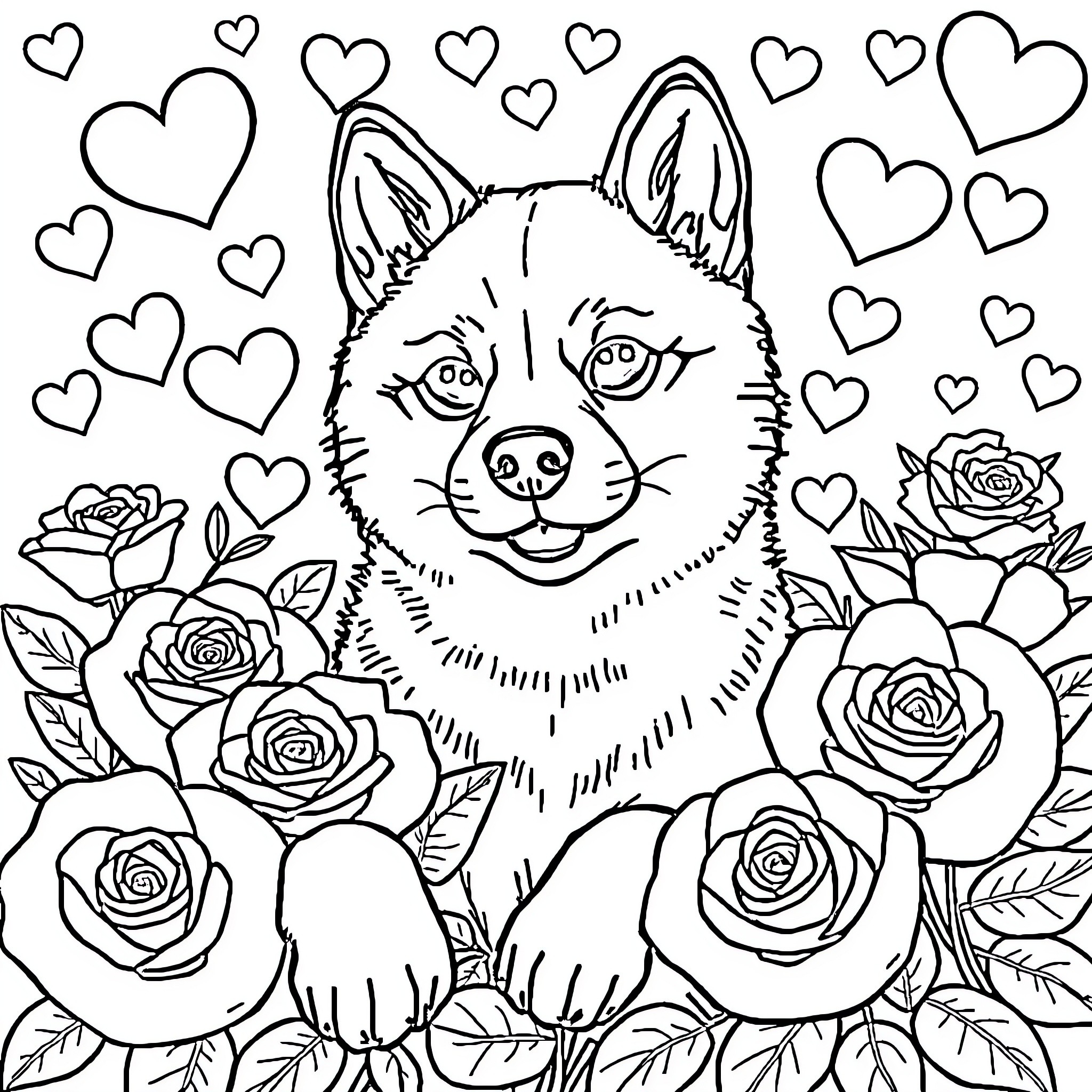 Shiba Inu surrounded by hearts and roses Coloring Page (free black-and-white line drawing printable PDF for all, from beginners to advanced learners, including children, teens, adults, and seniors)