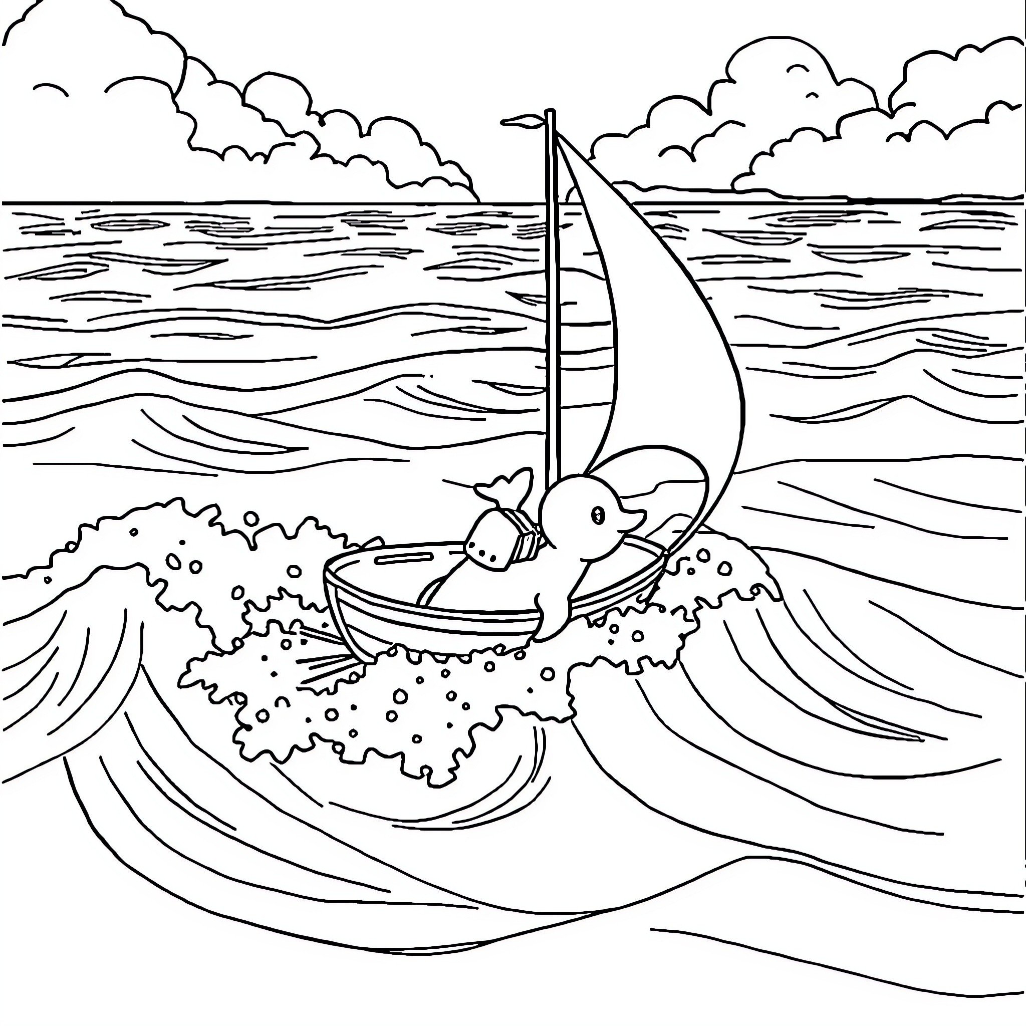 Sailboat sailing on the open sea Coloring Page (free black-and-white line drawing printable PDF for all, from beginners to advanced learners, including children, teens, adults, and seniors)