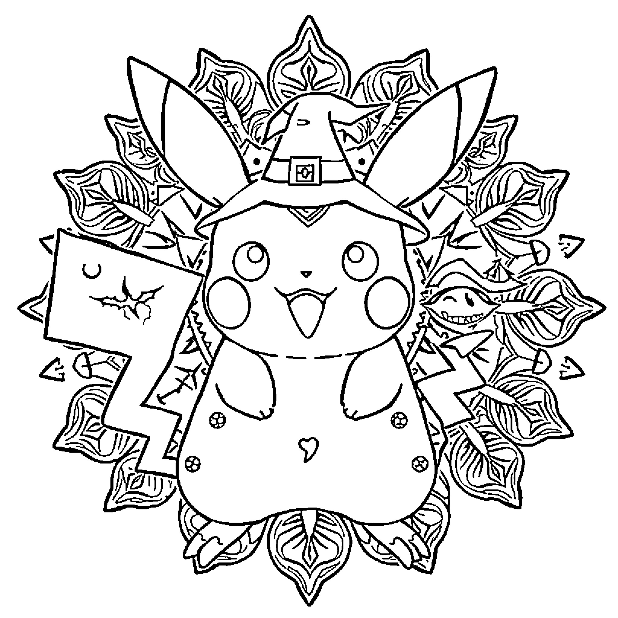 Pikachu in mystical floral mandala design Coloring Page (free black-and-white line drawing printable PDF for all, from beginners to advanced learners, including children, teens, adults, and seniors)