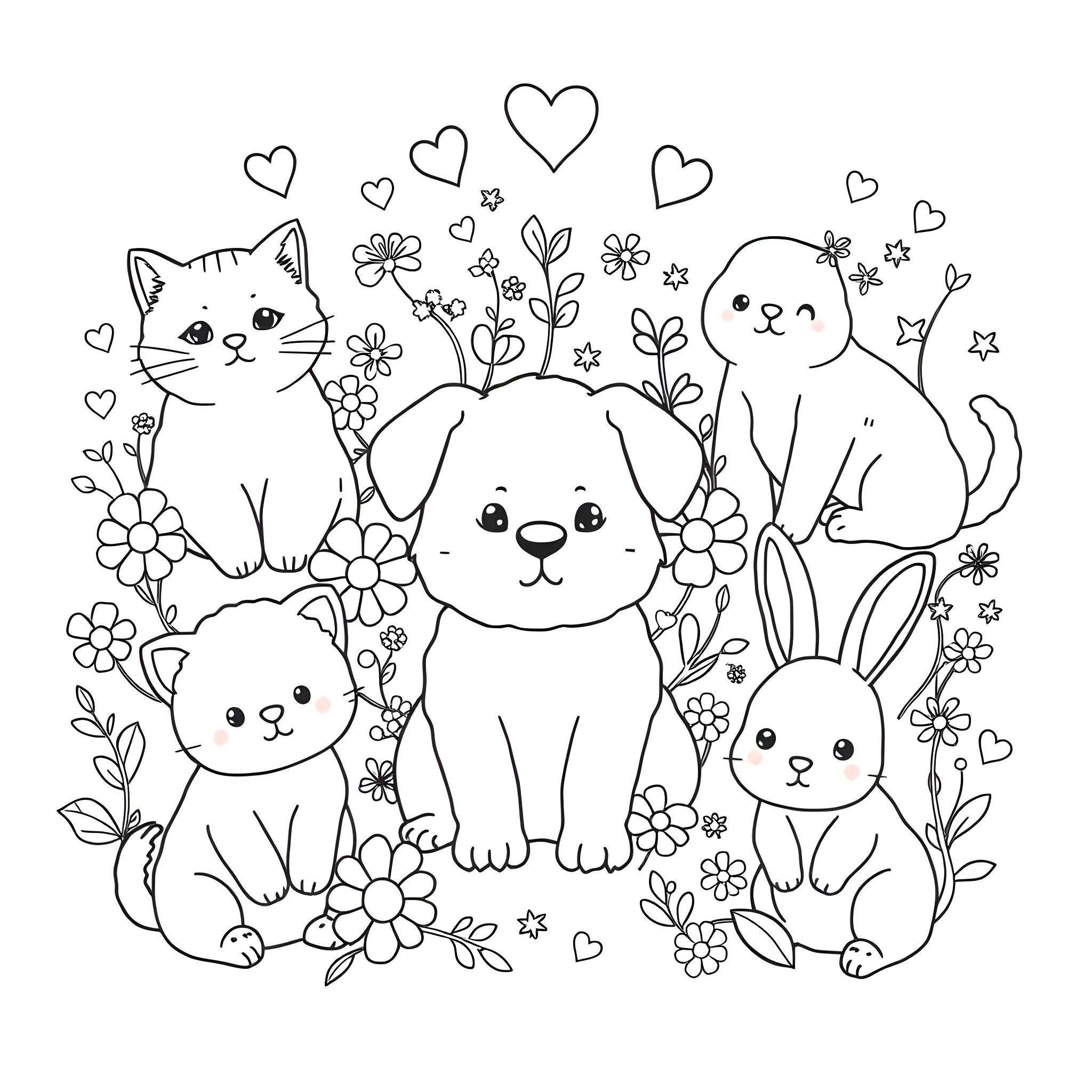 Animal friends in a floral garden Coloring Page (free black-and-white line drawing printable PDF for all, from beginners to advanced learners, including children, teens, adults, and seniors)