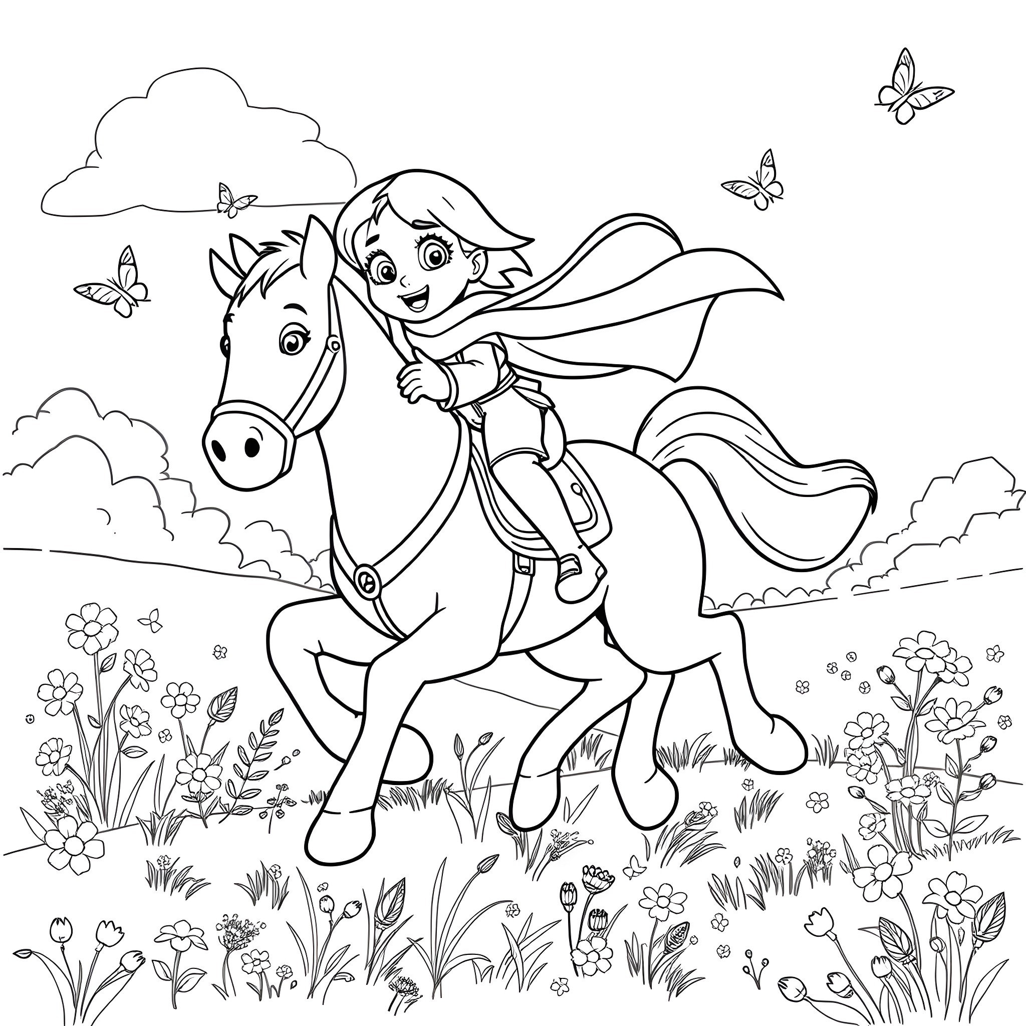 Skye riding a horse through a meadow with butterflies Coloring Page (free black-and-white line drawing printable PDF for all, from beginners to advanced learners, including children, teens, adults, and seniors)