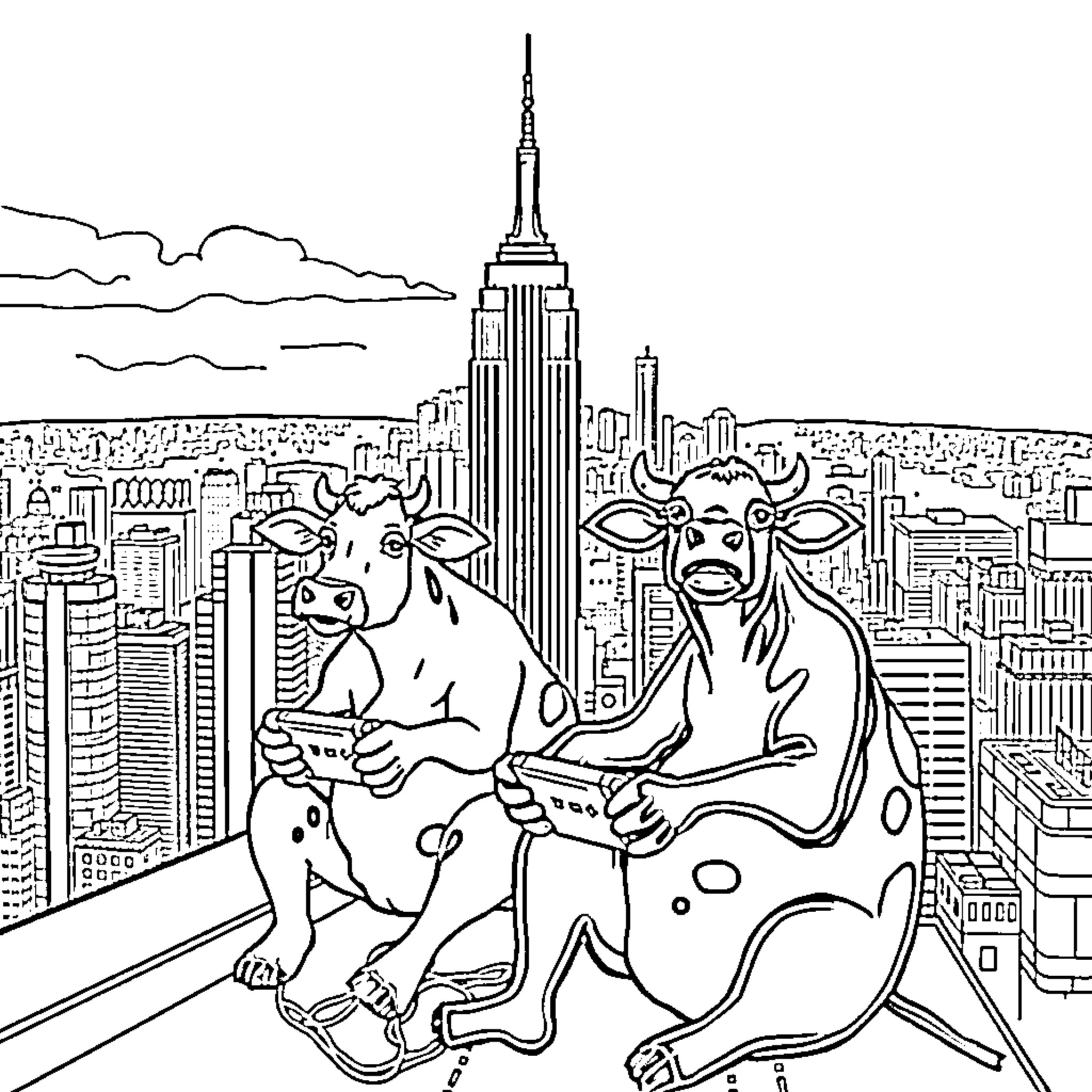 Cow enjoying the view of the city skyline Coloring Page (free black-and-white line drawing printable PDF for all, from beginners to advanced learners, including children, teens, adults, and seniors)