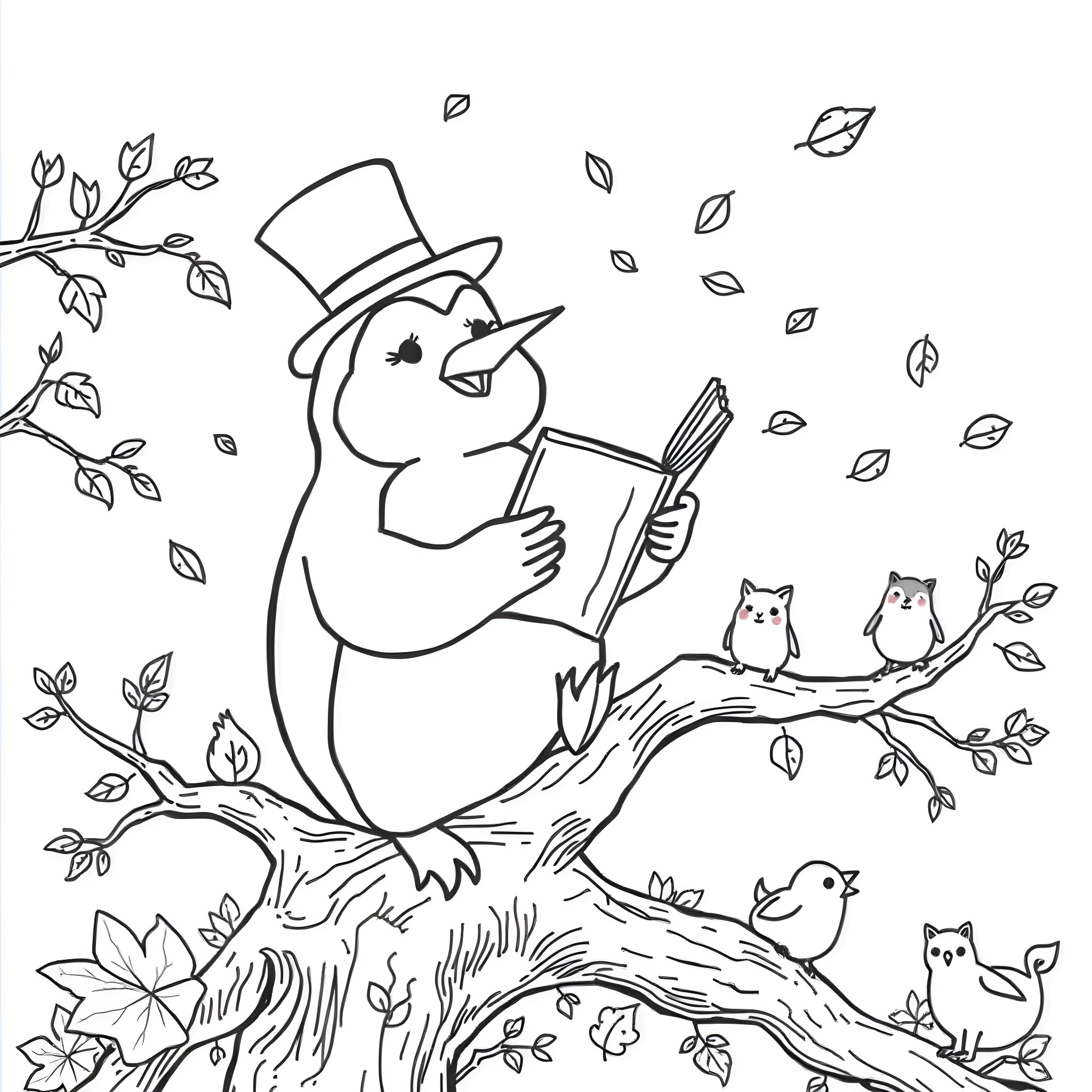 Penguin reading a book with woodland creatures Coloring Page (free black-and-white line drawing printable PDF for all, from beginners to advanced learners, including children, teens, adults, and seniors)